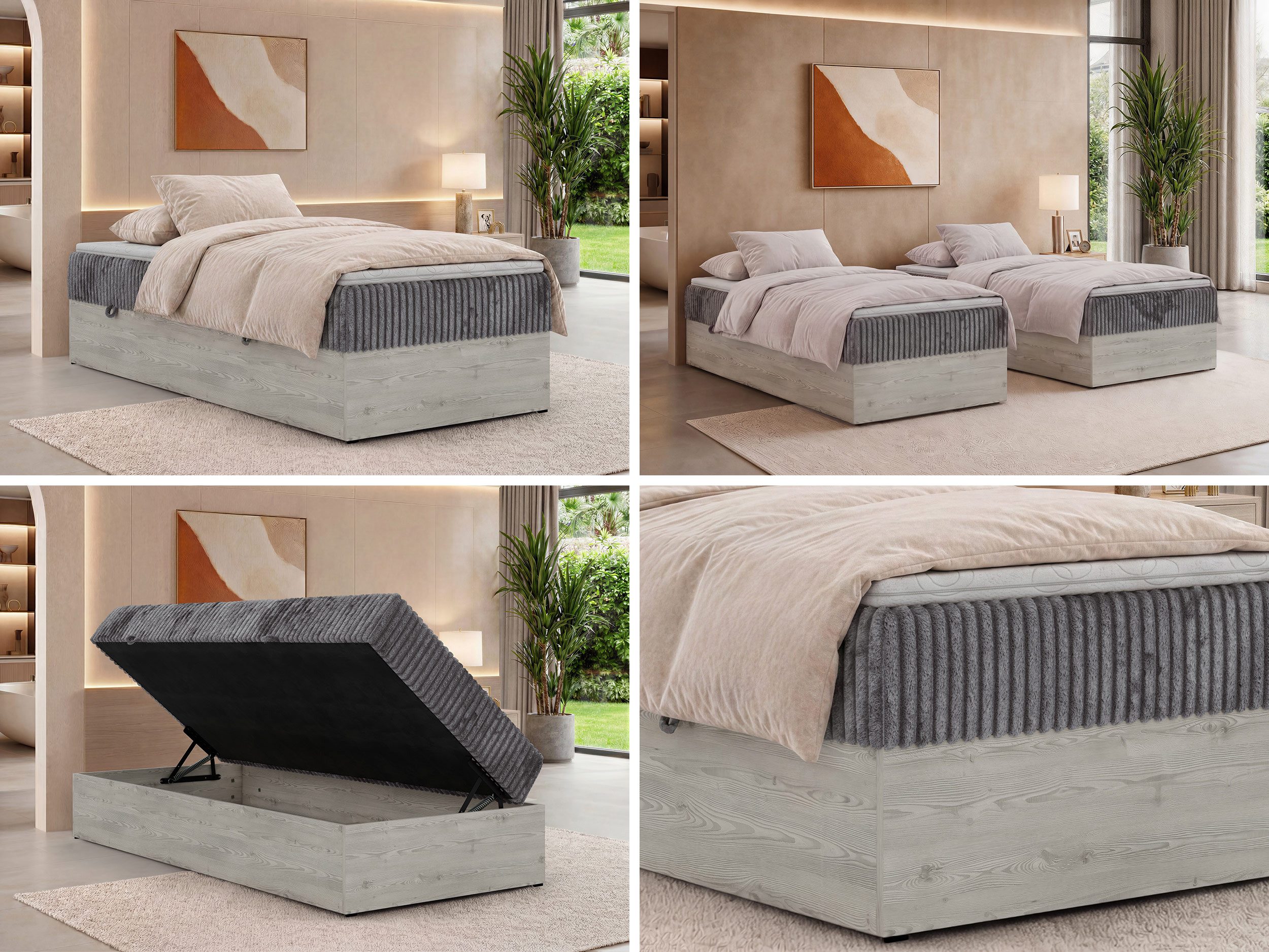 MKS MÖBEL Boxspringbett NORDIC ZERO 90 (Set, Bett 90x200 cm, Polsterbett mit integrierten Matratzen, Stauraum, H3/H4), Topper T25 oder Visco optional, ohne Kopfteil