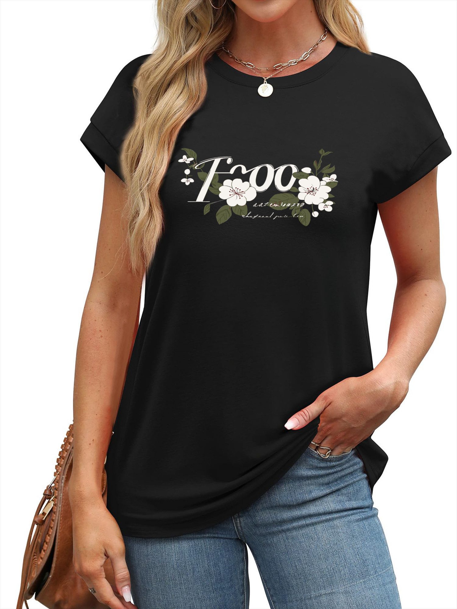 PYLIKE Kurzarmbluse Damen Casual Achselhemd mit Blumen Druck bequemes Rundhalsshirt