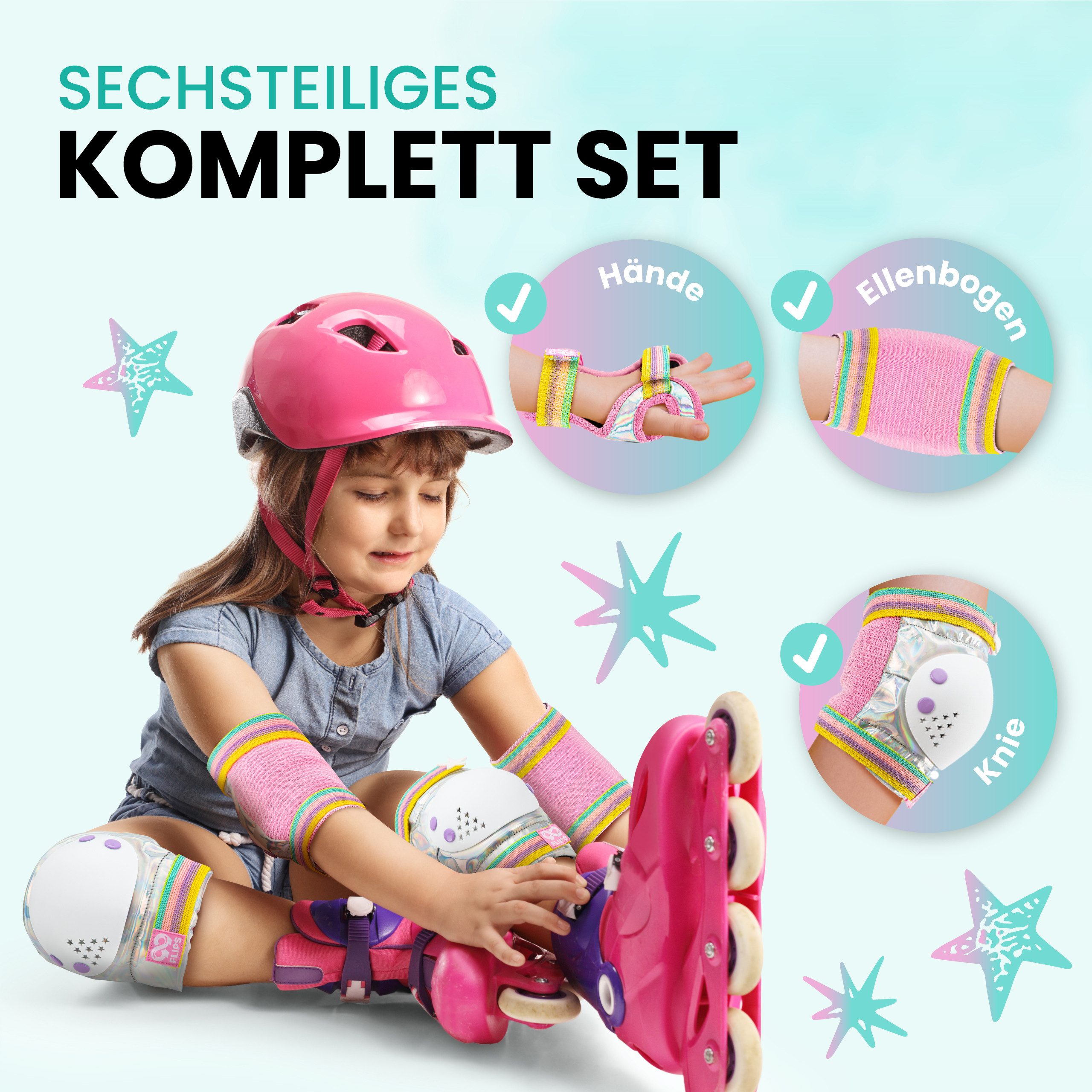 99FLIPS Protektoren-Set 3-12 Jahre - Einhorn Knieschoner Kinder Schlittschuh Schoner Set (Schützer Set Kinder für Skateboard Inline Skates Rollschuhe, 7-tlg., K – Bild 3 von 5