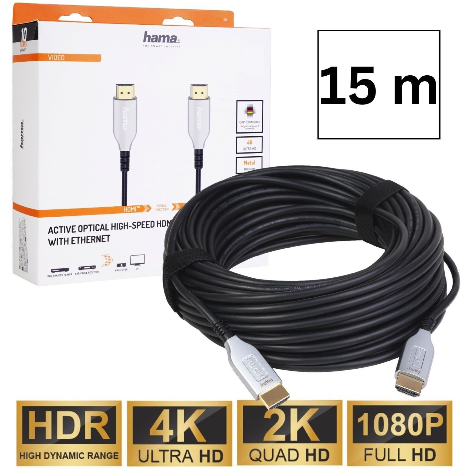 Hama 15m HDMI-Kabel Lang Anschluss-Kabel Optisch Aktiv Video-Kabel, HDMI, (1500 cm), AOT 4K UHD Full HD TV 3D HD TV LED LCD OLED Plasma vergoldete Stecker