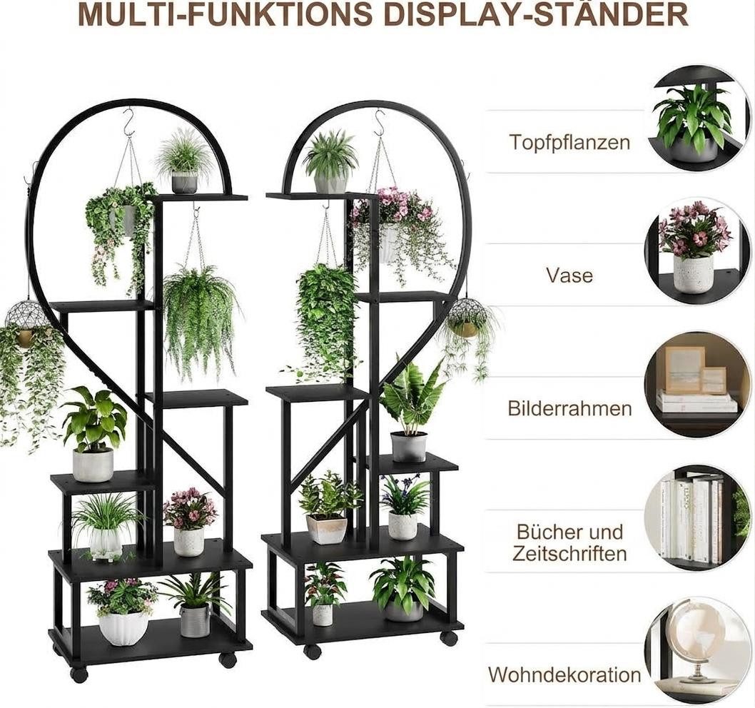 GarveeMore Pflanzentreppe 6 Etagen (2Stück) mit Rädern und 6Haken,Half Heart Shape Blumenständer, Höhenverstellbarer Pflanzenständer für Garten,Wohnzimmer,Terrasse