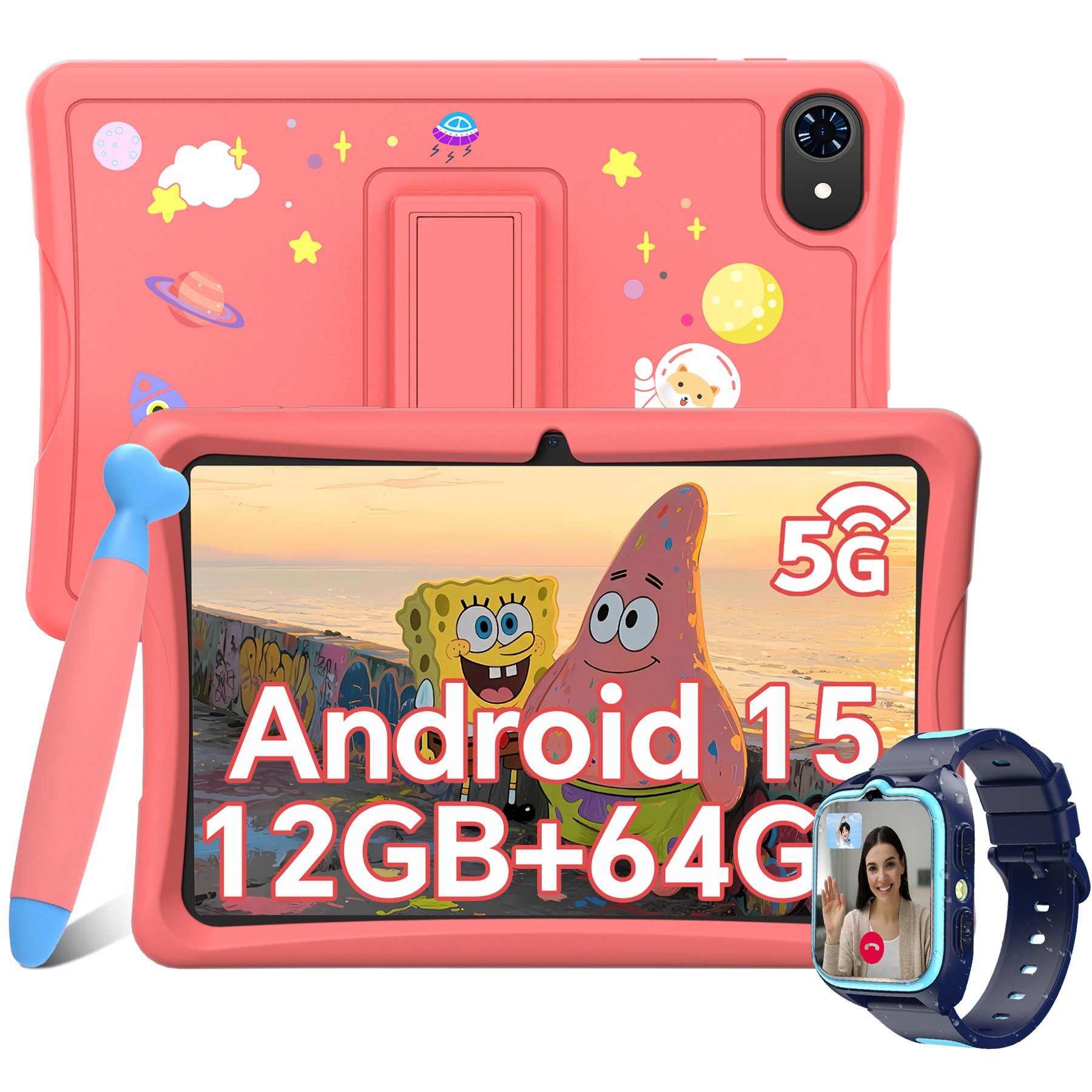 TABWEE 10" Kinder tablet Android15 mit Hülle/Stift/ Kinder Smartwatch Tablet (10.1", 64 GB, Android15, Google Kids Space/5G wifi/Android 15/mit Stift/Kinder-Smartwatch)