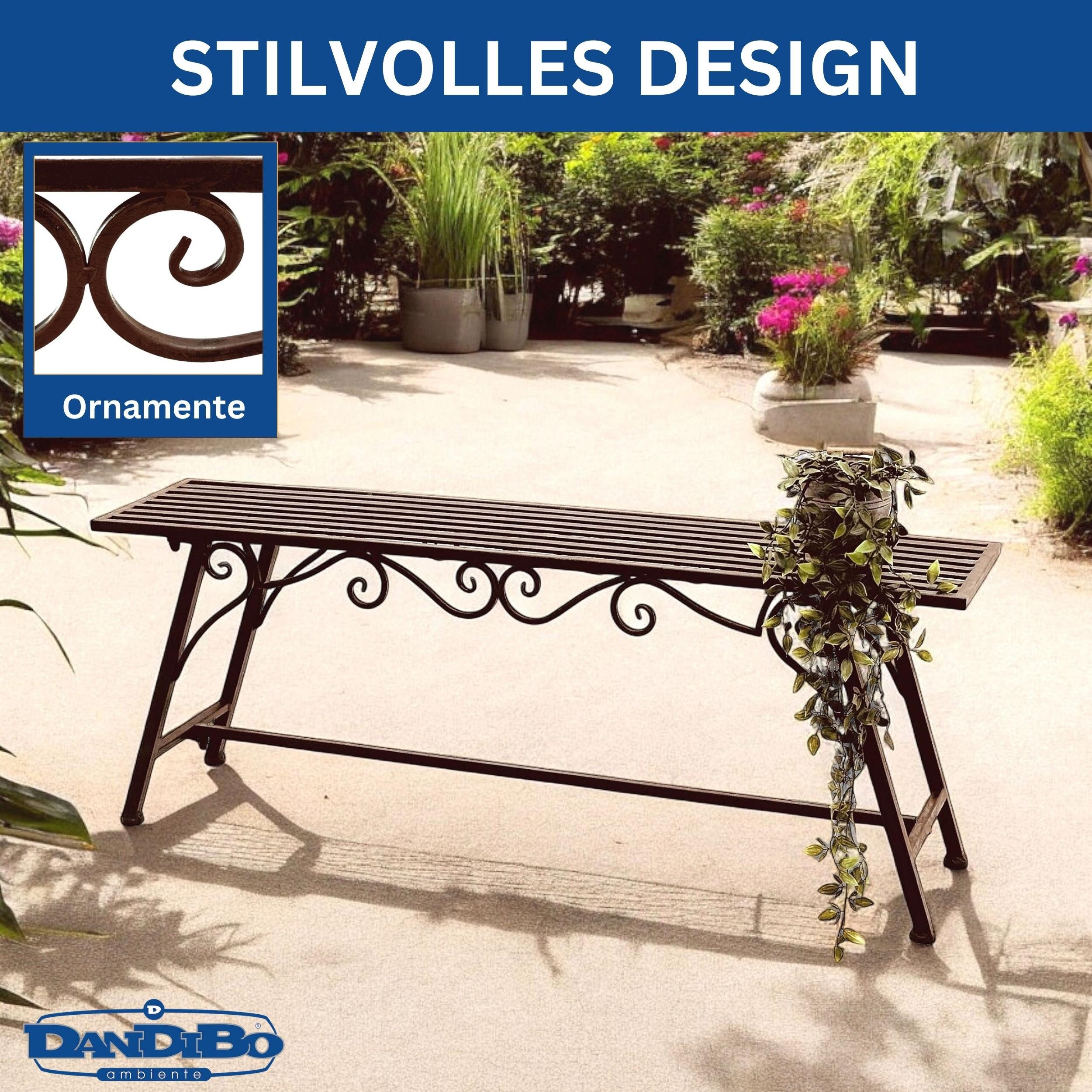 DanDiBo Gartenbank Wetterfest Metall 120 cm 2-Sitzer Sitzbank mit Ornamenten "Cucciu XL", Rost-Optik Robuste Eisenbank Antik-Design Ideal für Terrasse & Balkon