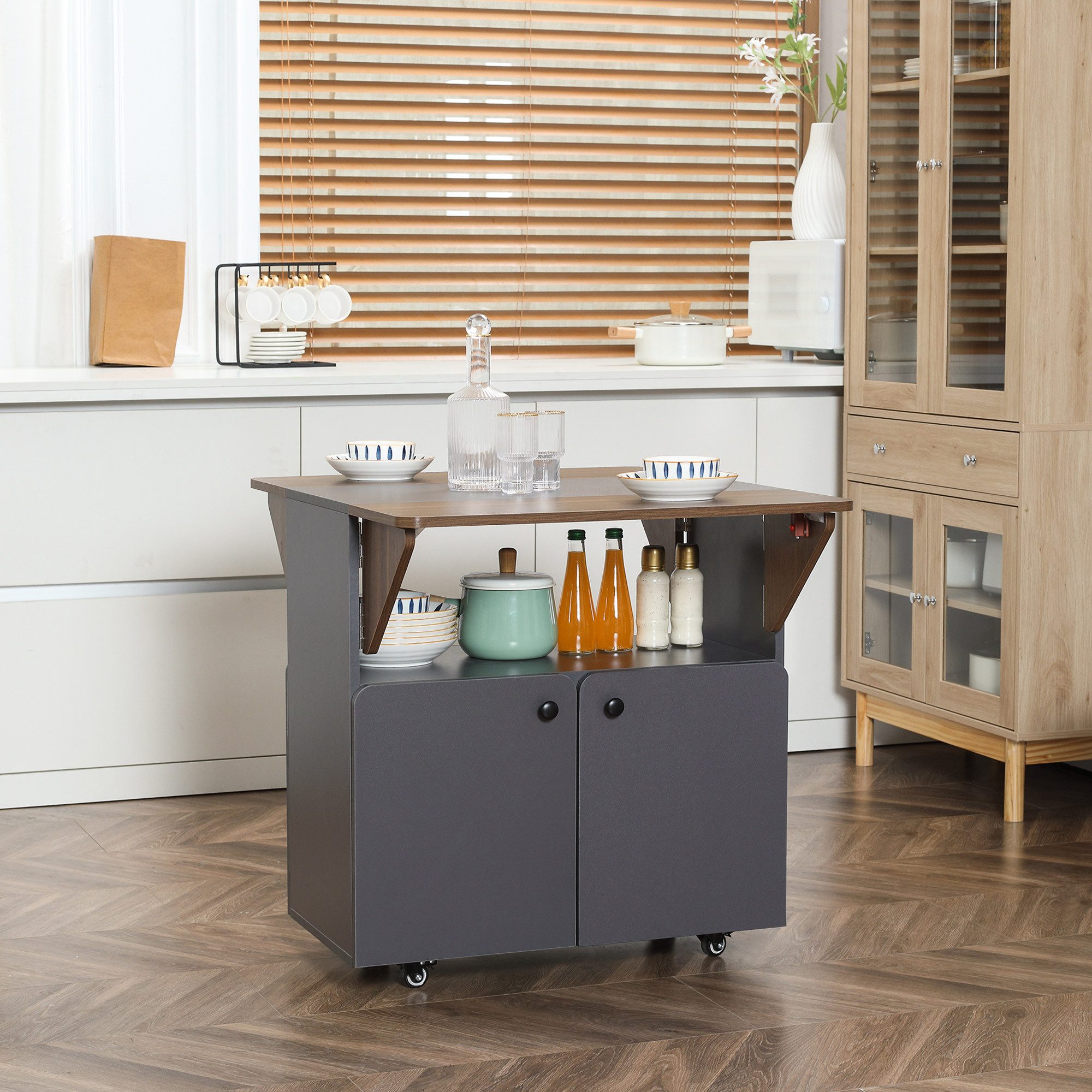 HOMCOM Esstisch Klappbarer Klapptisch mit Rolle, Stauraum, Esszimmertisch (mobiler Küchentisch, 1-St., Klapptisch für 2-4 Personen), für Kleine Räume, Esszimmer 70 x 83 x 75 cm, Hellgrau+Dunkelbraun