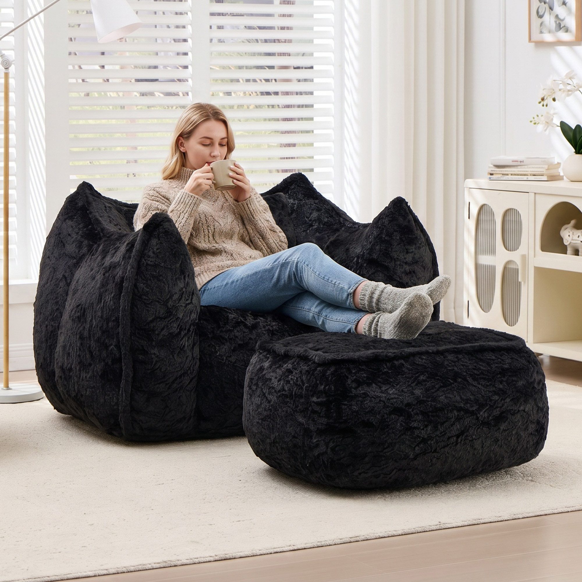 Vankel Relaxliege Sofas Wohnzimmer Loungesessel mit Hocker aus Kunstfell weich, Bean Bag Sessel mit Fußhocker, Schaumstofffüllung & Komfort