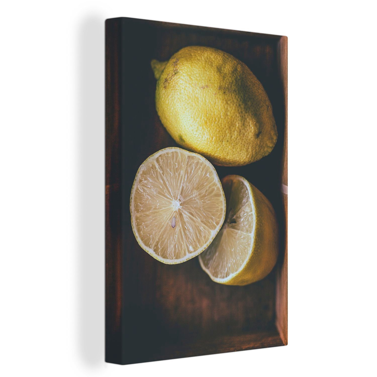 OneMillionCanvasses® Leinwandbild Altmodische Zitronen mit dunklen Farbtönen in einer Holzkiste, (1 St), Leinwandbild fertig bespannt inkl. Zackenaufhänger, Gemälde, 20x30 cm