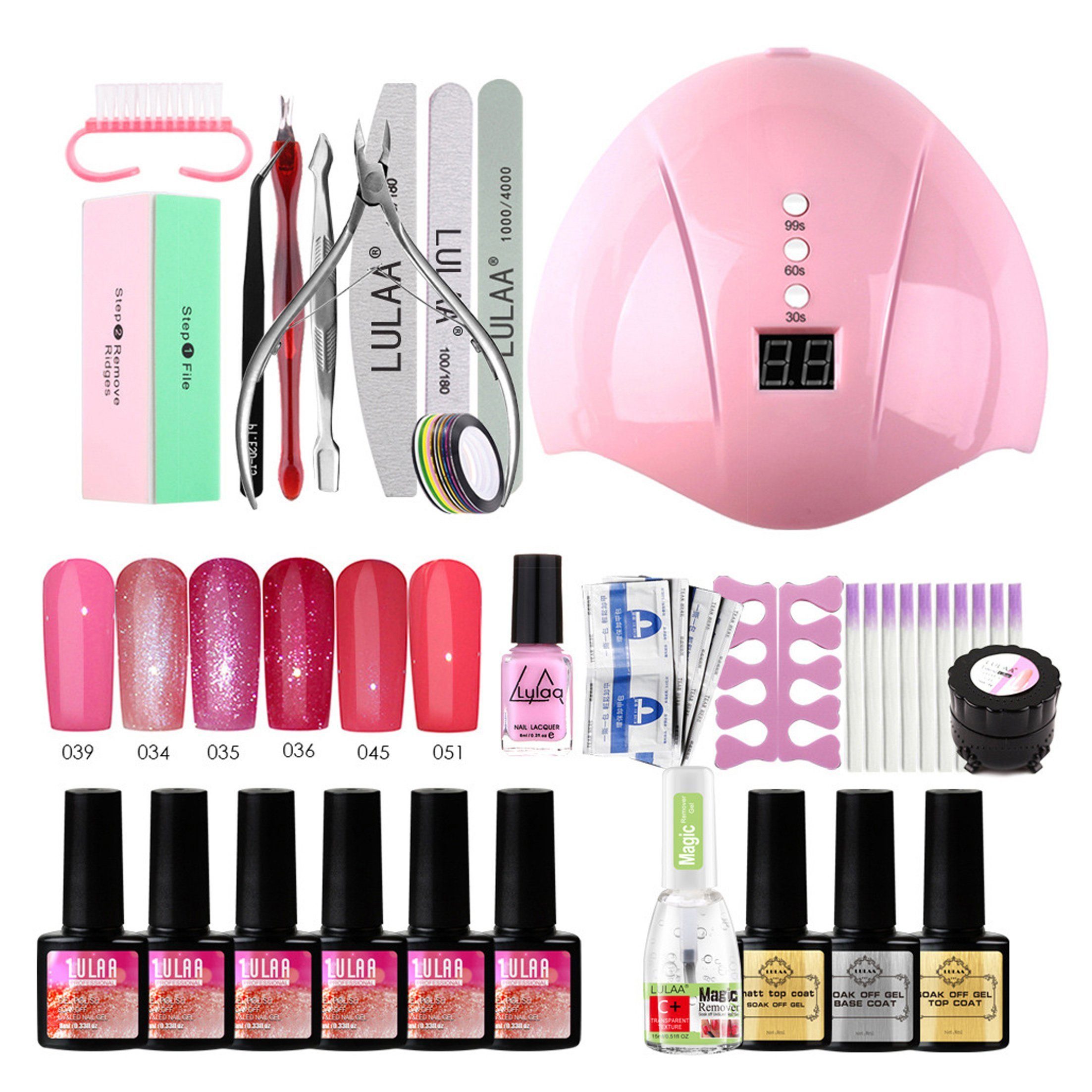 KINSI Lichthärtungsgerät Nagellack Set 6 Farben+UV/LED Lampe,Komplettes Maniküre Starter Kit, mit Base & Top Coat,Feile,Reinigungstüchern,DIY Nageldesign