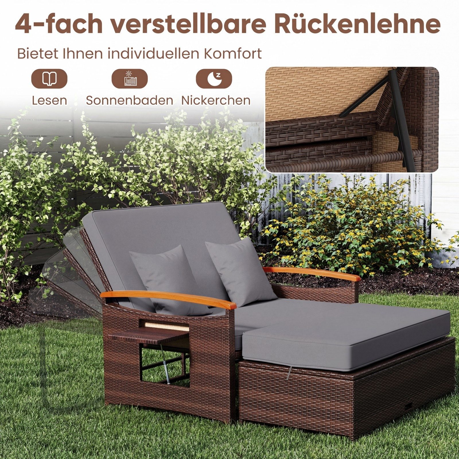 KOMFOTTEU Gartenliege 3 in1 Rattan Sofabett Doppelliege, mit ausziehbarer Seitenablage & Hocker