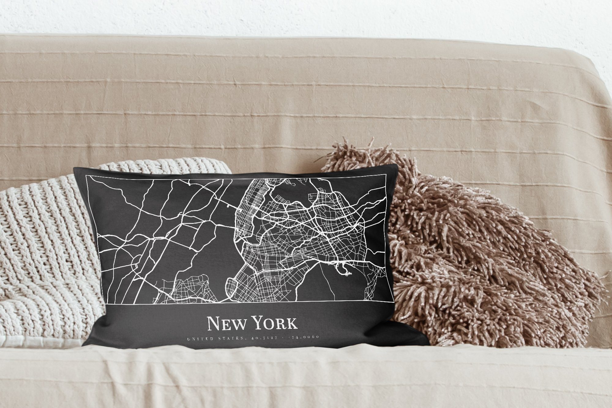 Zierkissen, Füllung, Karte, MuchoWow Schlafzimmer Karte Dekokissen York - - Wohzimmer New - mit Dekoration, Stadtplan Dekokissen