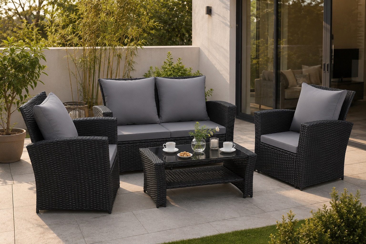 MeXo Gartenlounge-Set Balkonmöbel Set, (Handgefertigte Polyrattan Lounge, 4-tlg., Gartenmöbel Set wetterfest & UV-beständig), für 4 Personen