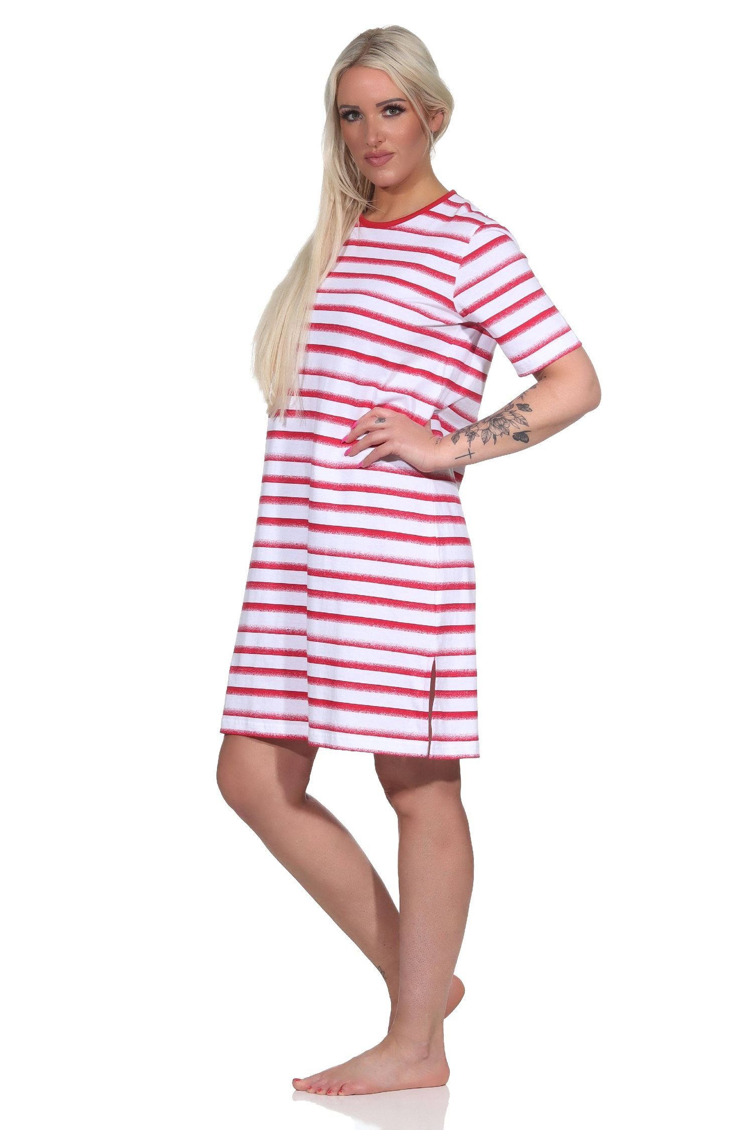 Normann Nachthemd Damen Nachthemd in Streifenoptik in kurzarm Übergröße rot maritimer -auch
