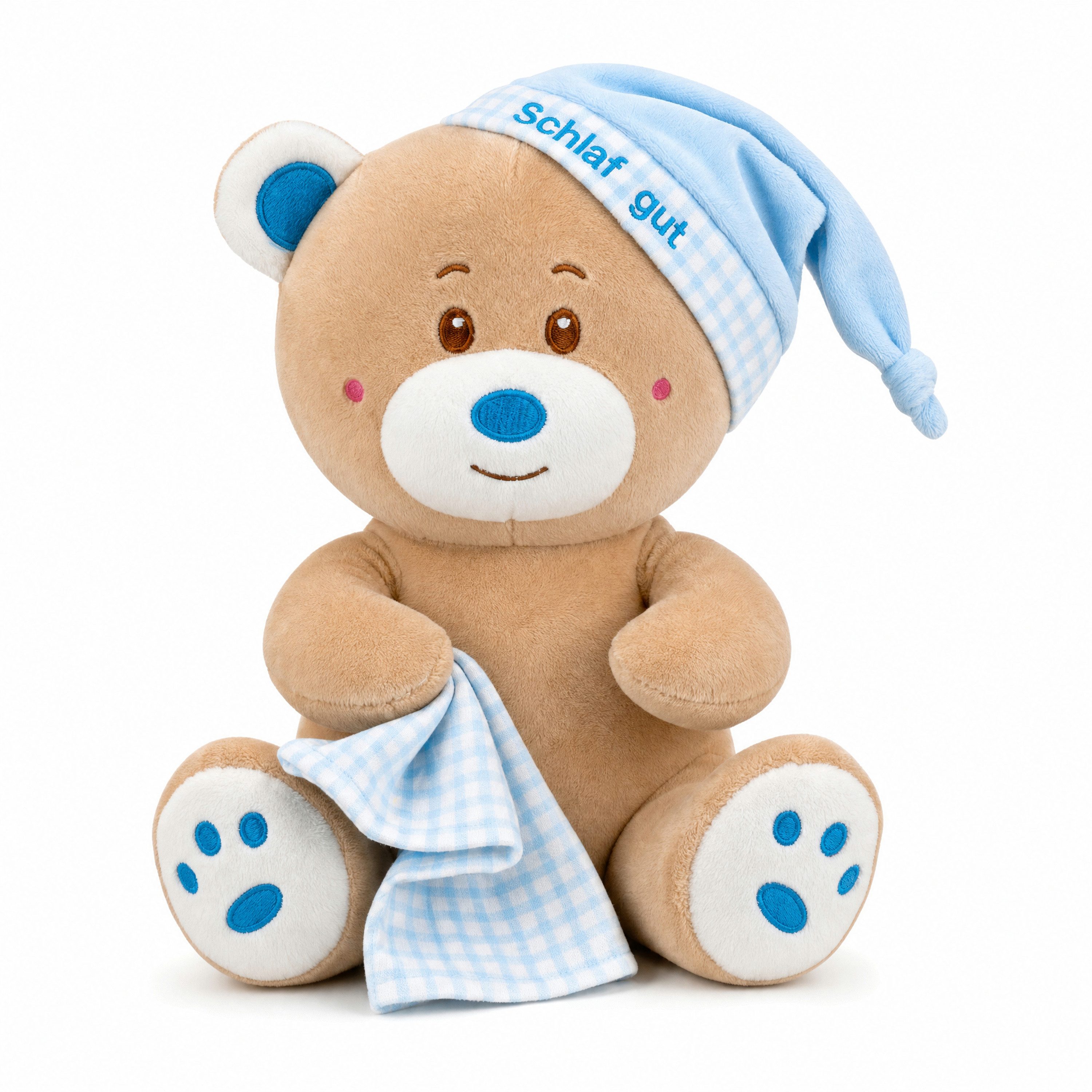 TE-Trend Kuscheltier Schlafbär „Schlaf gut“ (1-St), Schlafmütze mit „Schlaf gut“-Stickerei und karierter Schal