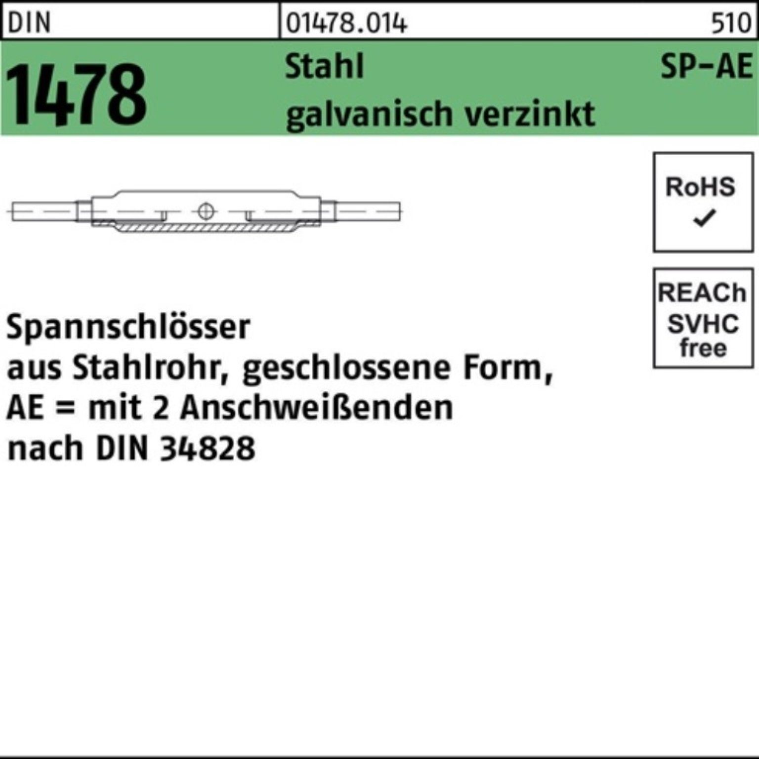 Reyher Spannschloss 100er Stahl Pack DIN M12 galv. geschlossen 1478 Spannschloss SP-AE 3.6