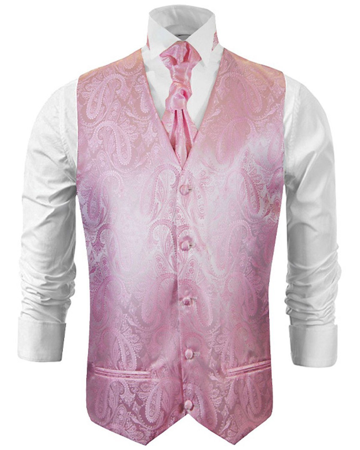 Paul Malone Anzugweste Herren Hochzeitsweste mit Plastron Set 2tlg pink paisley - Bräutigam (Set, 2-tlg., mit Weste und Plastron) rosa pink V94, Gr. 52 (M)