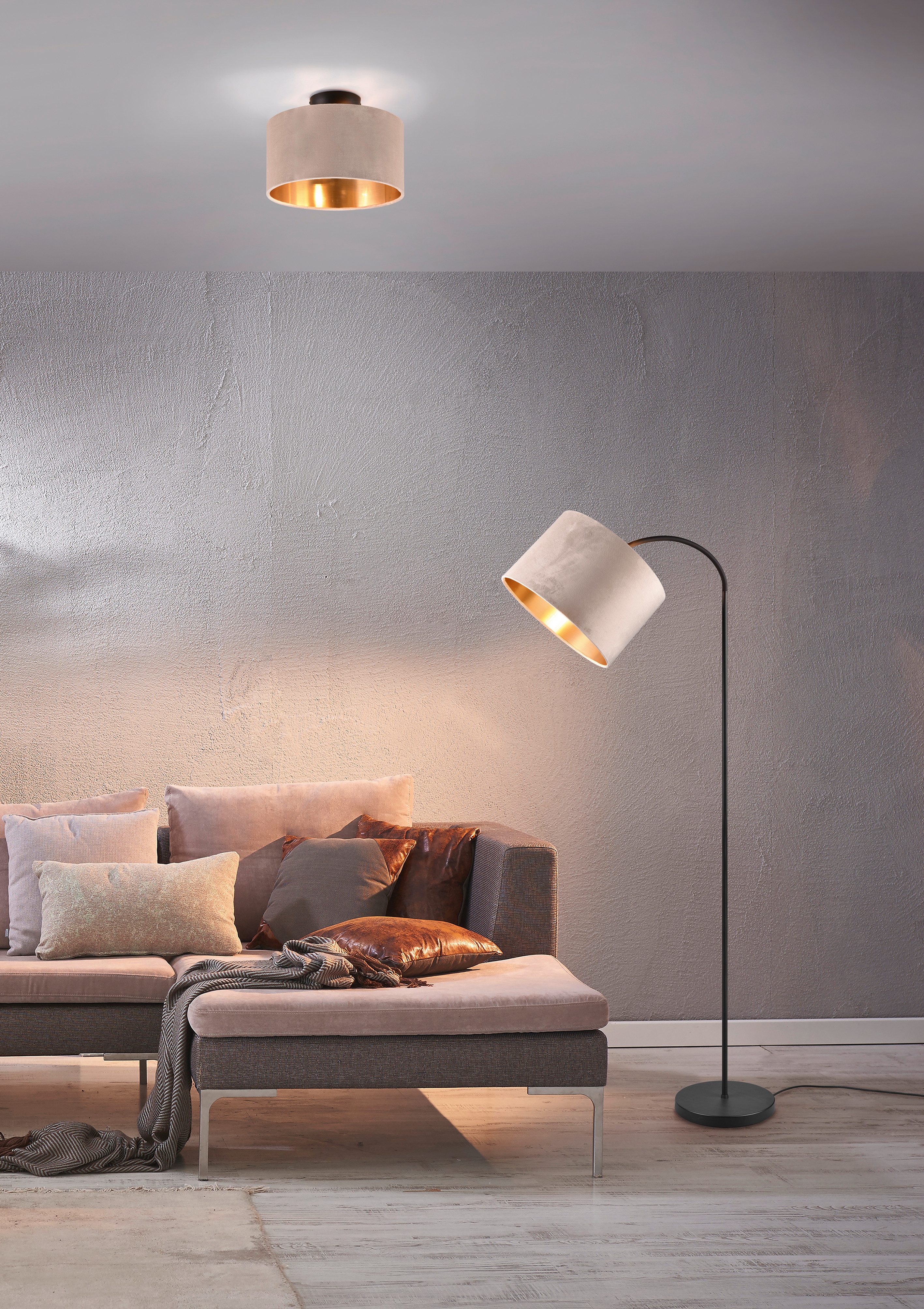 my home Stehlampe JOSIE, Stehleuchte 156cm, mit Fußschalter exkl 1x E27 Leuchtmittel, Ein-/Ausschalter, Leuchtmittel wechselbar, warmweiß - kaltweiß, gebogene Stehlampe Wohnzimmer mit Samtschirm Ø 35cm beige / innen gold