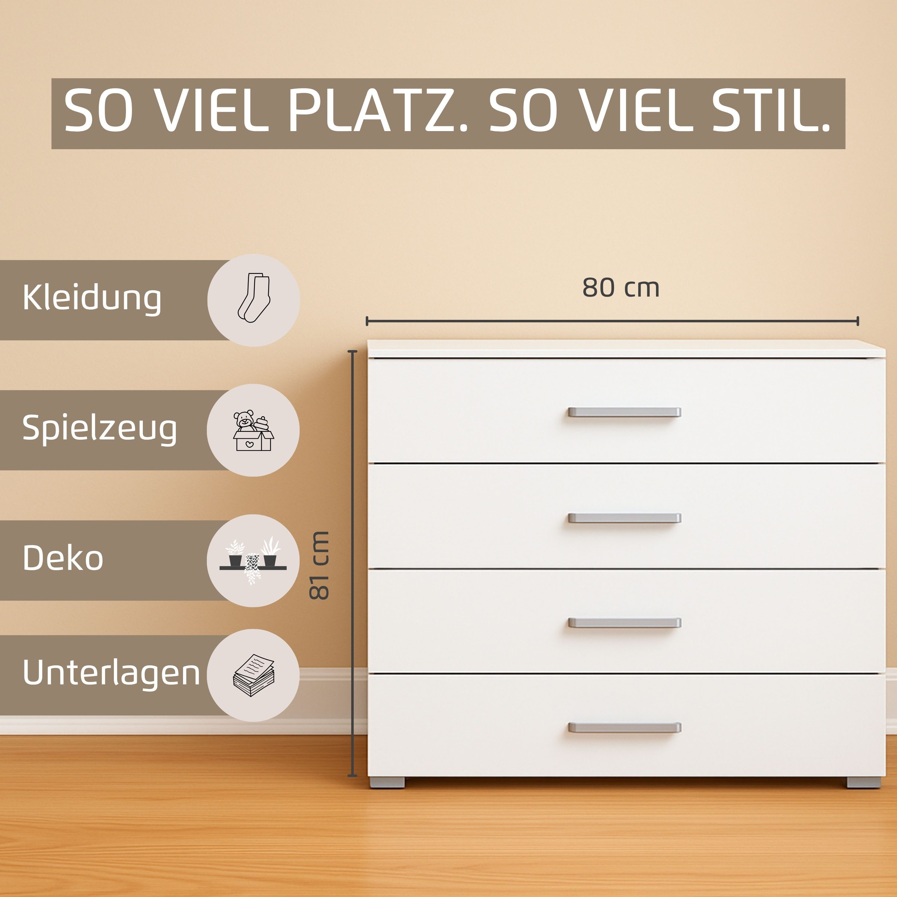 rauch Schubkastenkommode Sideboard Kommode Schubkastenkommode KOLUNA mit Dekorfront (Breite 80 cm), vier große und geräumige Schubladen mit viel Stauraum MADE IN GERMANY