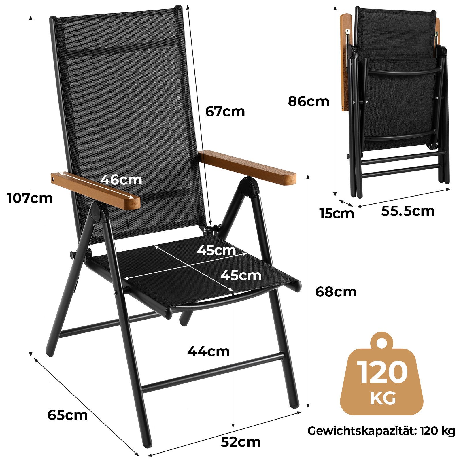 TLGREEN Gartenstuhl Hochlehner, 2/4er Set Balkonstuhl,Klappstuhl,Campingstühle (2 St), klappbar, 7-Fach verstellbare, wetterfest, aus Aluminium, Bis 120kg