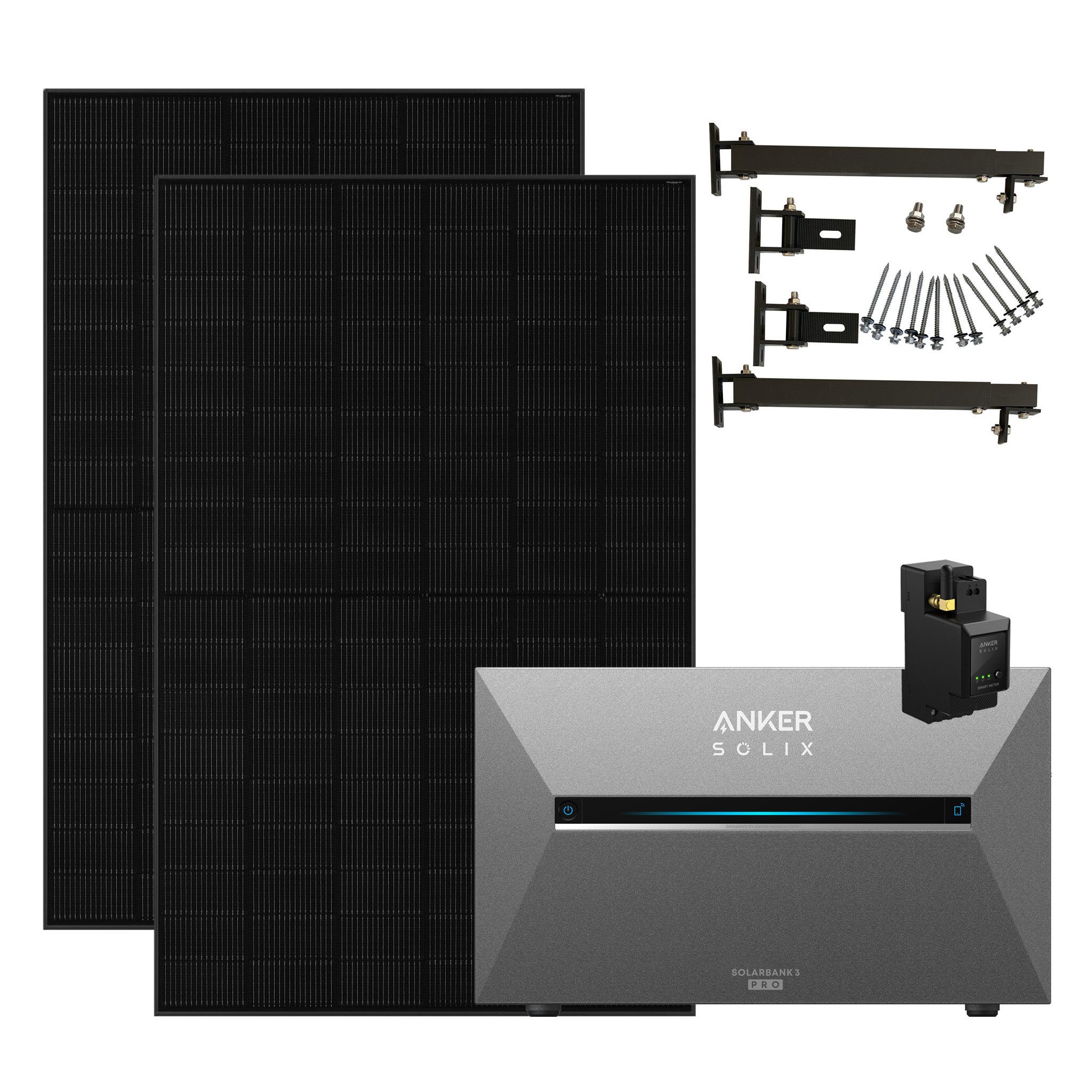 Anker Balkonkraftwerk Solix 910W Photovoltaikanlage Komplettset mit Solarbank E2700 3 Pro, 800 W, (Set, 2 Solarmodule mit Anker solarbank 3 Pro und Smart meter / Montageset), integriertem Wechselrichter, Wifi, Bluetooth, IP65, Halterung optional