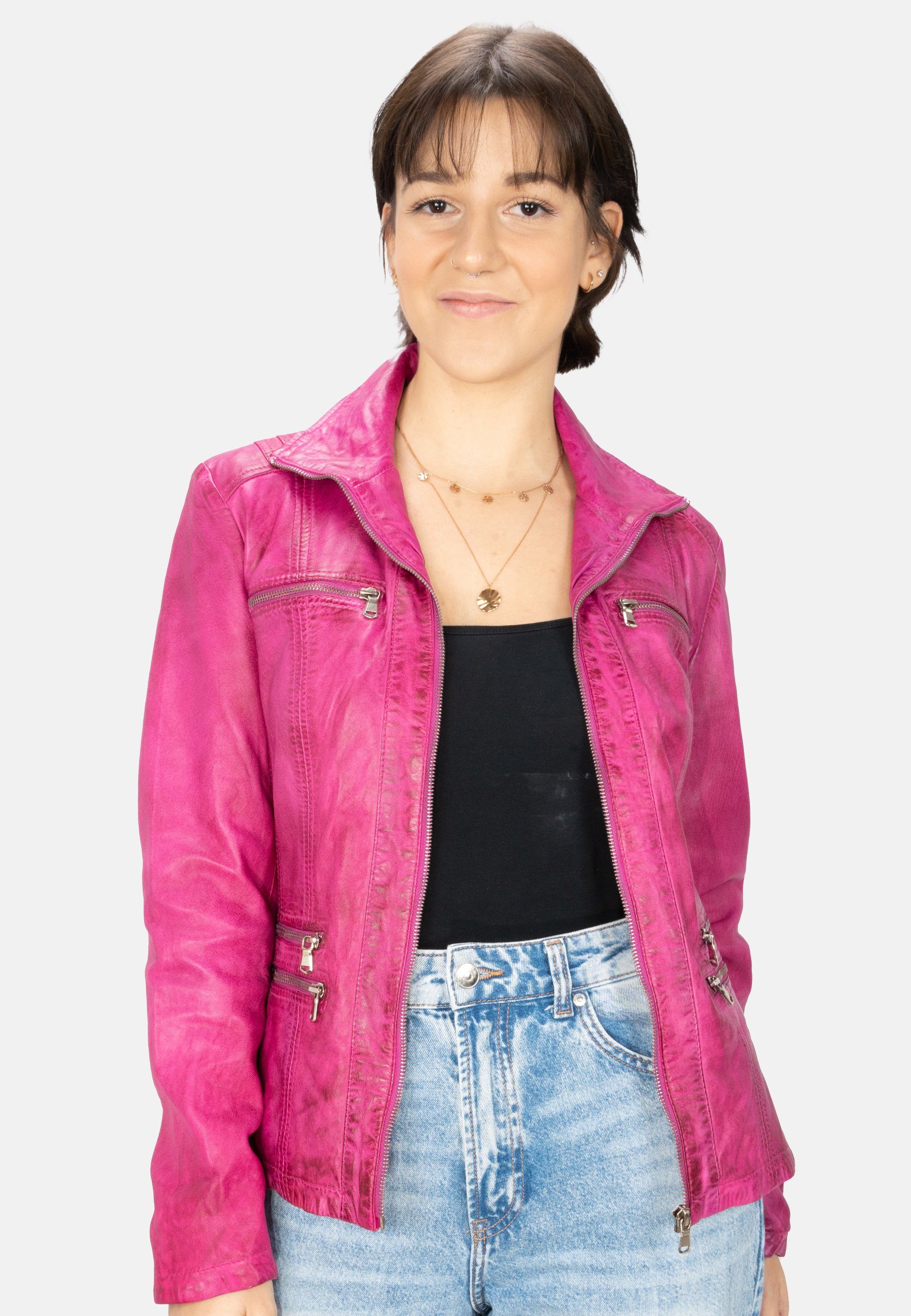 Lolus Lederjacke Clara shocking pink Klassisch elegante Damen Lederjacke aus weichem Lammnappa Leder