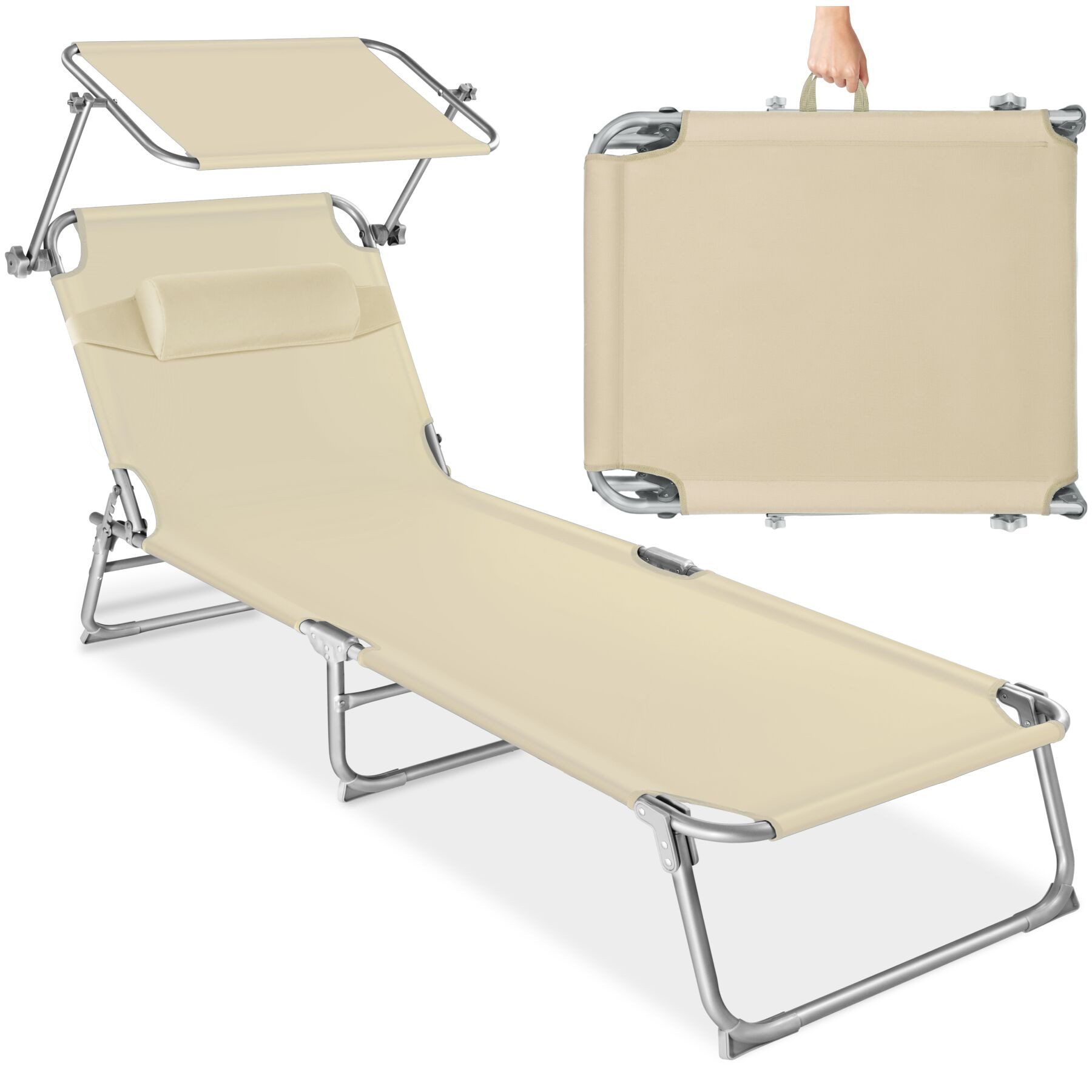 tectake Gartenliege Sonnenliege, verstellbare Rückenlehne mit Kopfpolster, 190 x 68 x, Balkonliege Chloé mit Seitentasche, 1 St., für Außen in Beige, klappbar, verstellbares Sonnendach, widerstandsfähig und UV-beständig