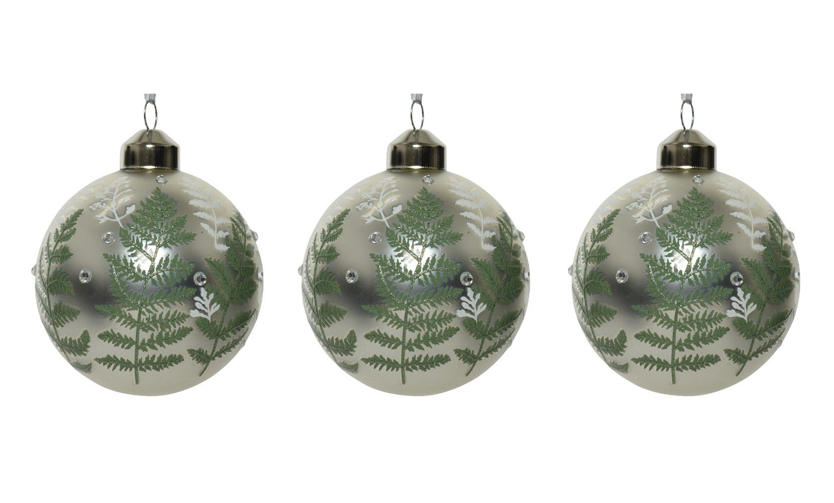 Decoris season decorations Christbaumschmuck, Weihnachtskugeln Glas 8cm mit  Motiv grüne Farnblätter 3er Set silber
