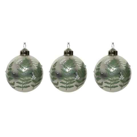 Decoris season decorations Weihnachtsbaumkugel, Weihnachtskugeln Glas 8cm mit Motiv grüne Farnblätter 3er Set silber