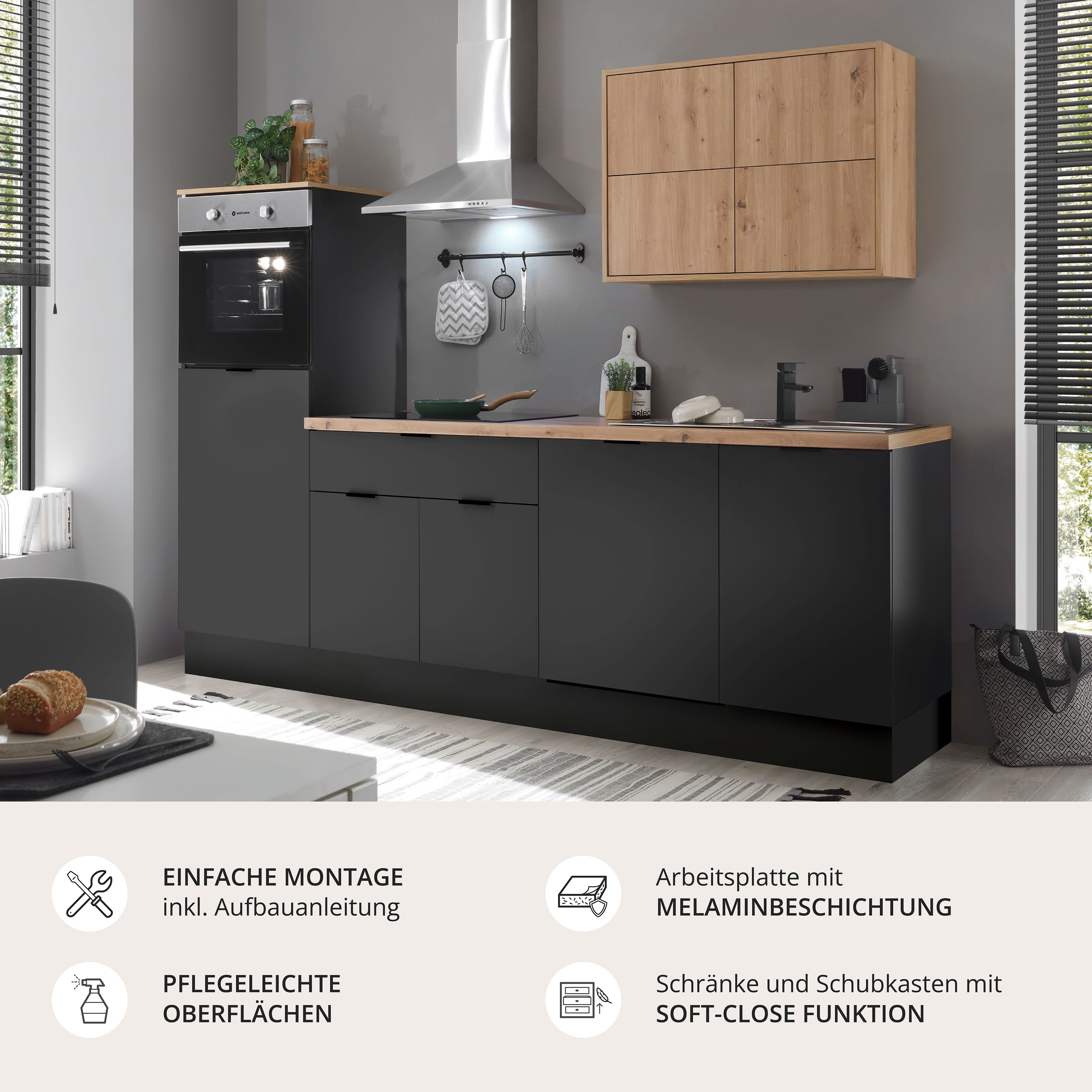 Coin cuisine Kitchenette KS-Georgia, avec plan de travail de 38 mm d'épaisseur, largeur 260 cm, avec appareils électroménagers et réfrigérateur en option
