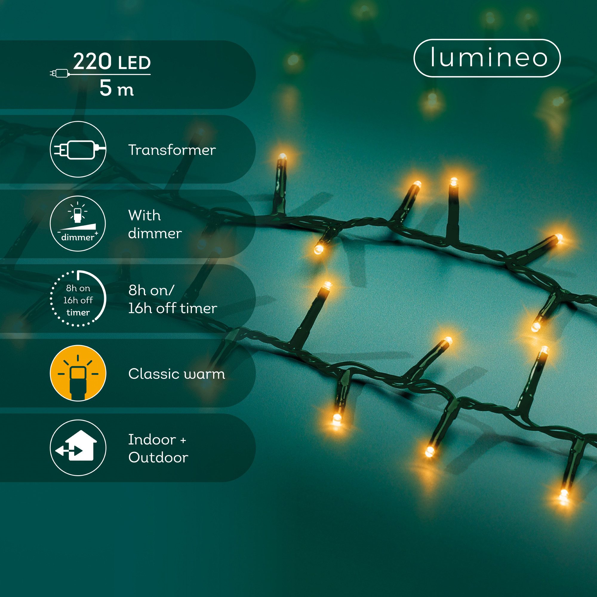 Lumineo LED-Lichterkette Lumineo Lichterkette COMPACT 220 LED 5 m klassisch warm, grünes Kabel, Dimmbar, 8h-Timer, Indoor/Outdoor, + 5 m Zuleitung