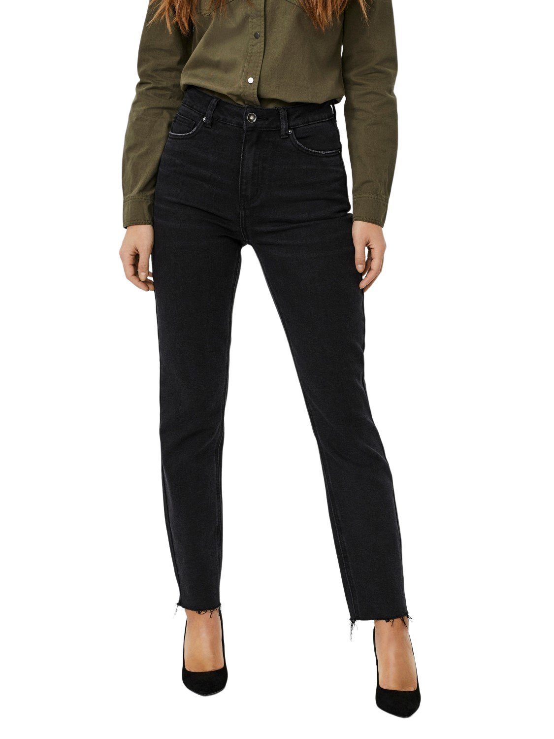 VERO MODA Damen Jeans Straight-Fit, Hohe Taille | Nachhaltig, Elastisch, Bequem | Ankle-Length
