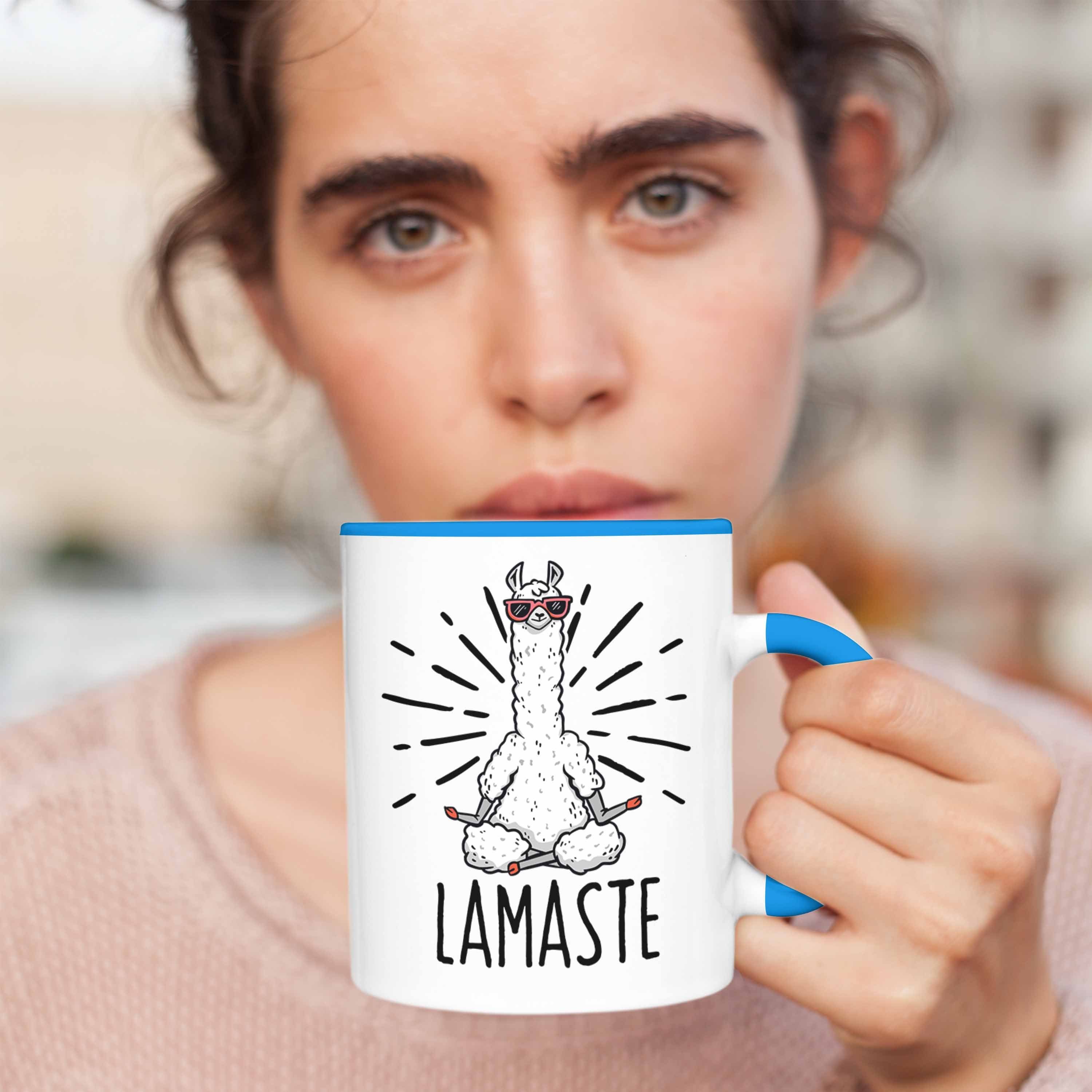 Trendation Tasse Llama Meditations-Tasse Geschenk für Blau Meditieren Meditationsliebhaber