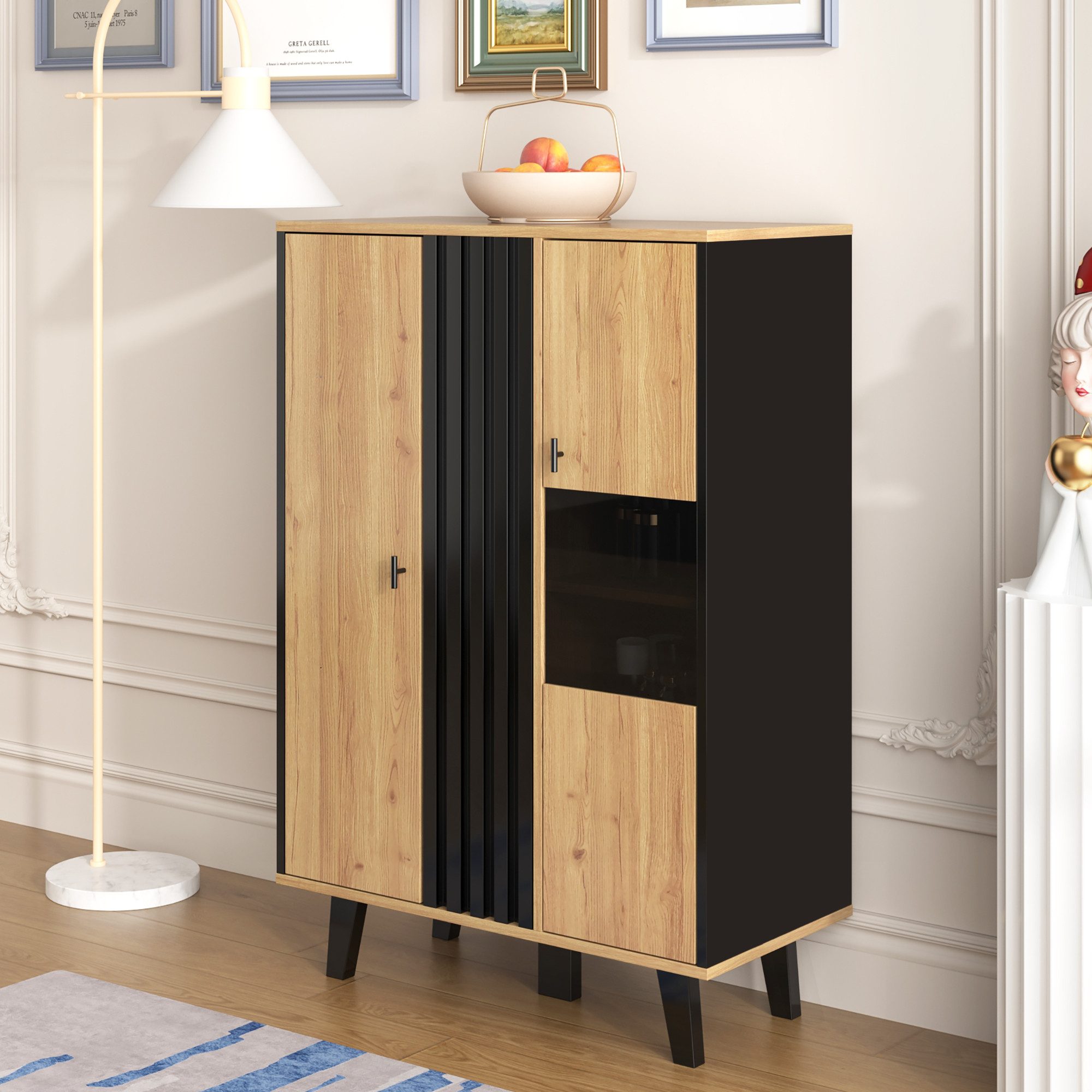 OKWISH Highboard Vitrine mit LED-Beleuchtung & Glastüren in Holz/Schwarz (Packung, 80x120x40 cm, mit 8 übersichtlichen Präsentationsfächern), Für die ansprechende Inszenierung Ihrer Sammlerstücke