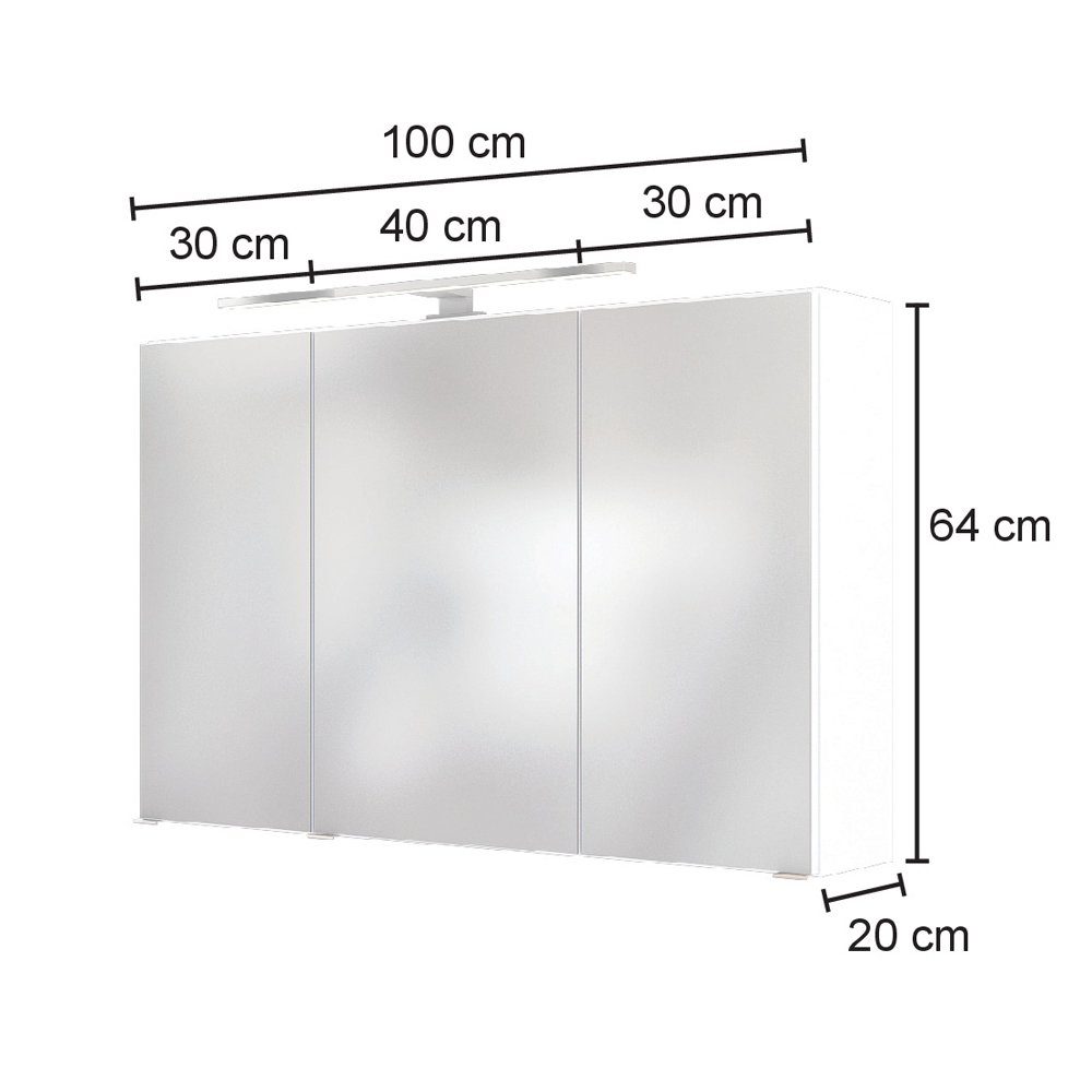 graphit Spiegelschrank 100 Badmöbel LED mit cm cm ARLON-03 100x64x20 Lomadox BxHxT