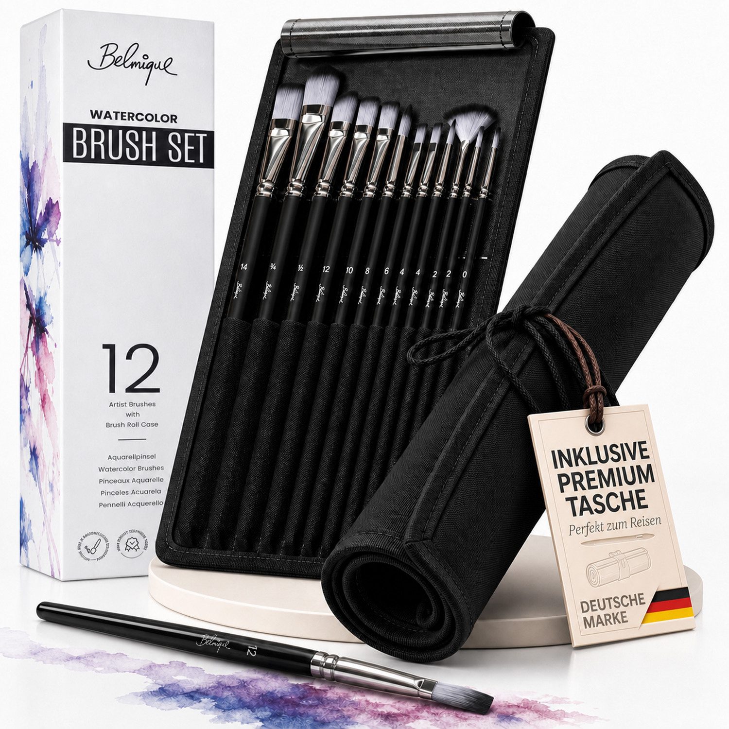Belmique Malpinsel Aquarellpinsel Set 12-teilig mit Rolltasche – Watercolor Brush Set, (Pinselset, von Künstlern ausgewählte Pinsel), für Aquarell, Gouache & Acryl