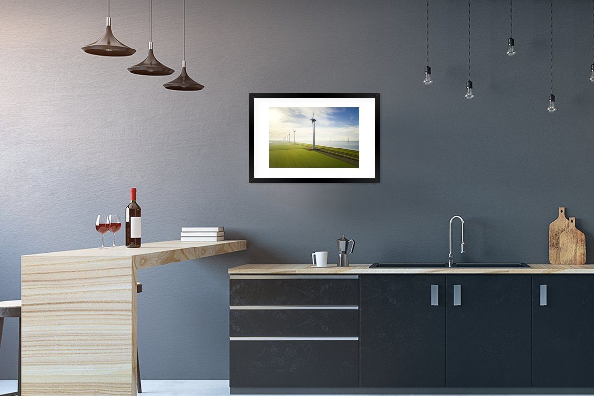 MuchoWow Poster Meer - Windmühle - Niederlande, (1 St), mit Rahmen, Kunstdruck, Gerahmtes Poster, Schwarzem Bilderrahmen