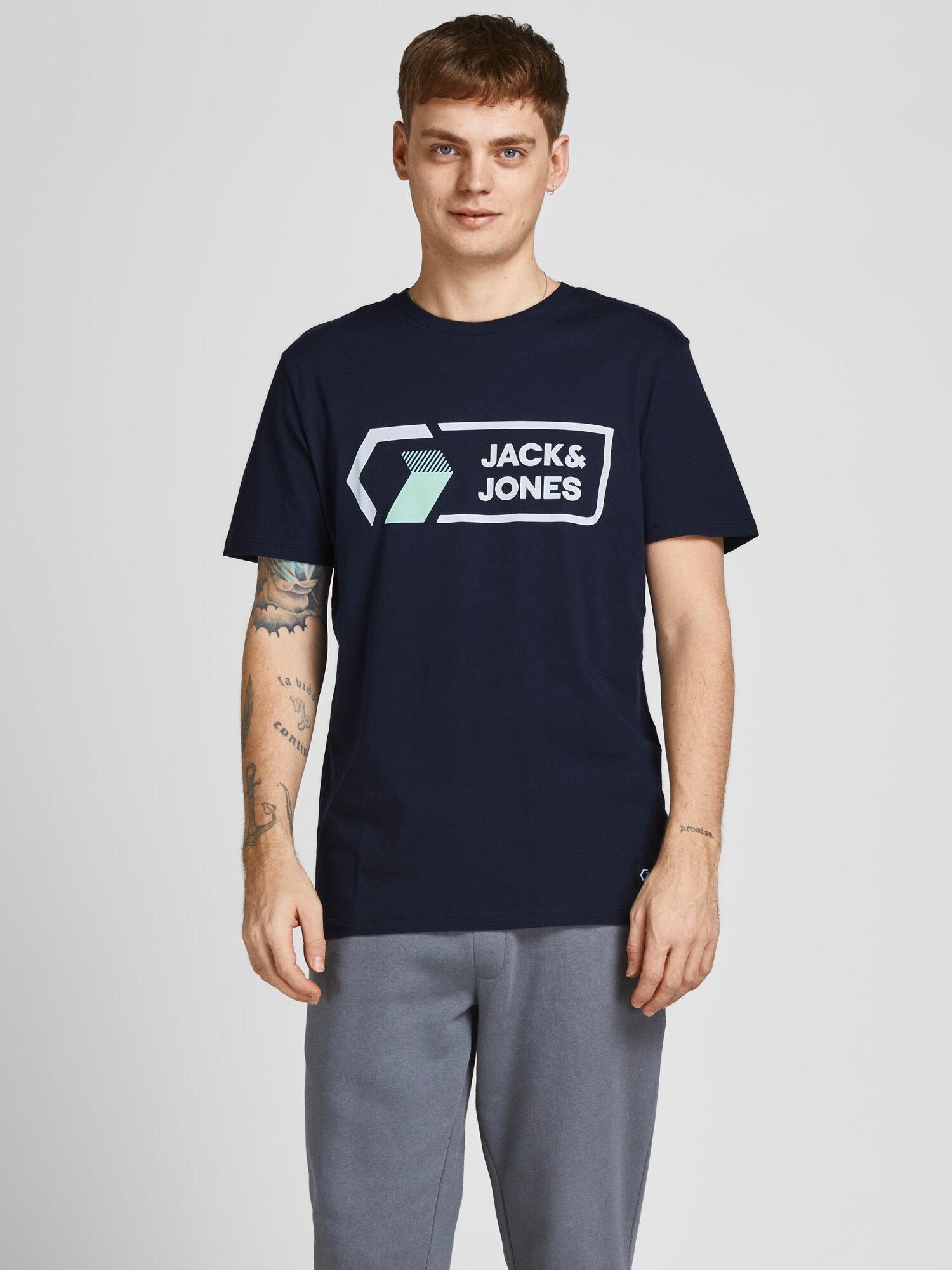 Jones Shirt JCOLOGAN mit & Jack T-Shirt T-Shirt blau Rundhalsausschnitt TEE