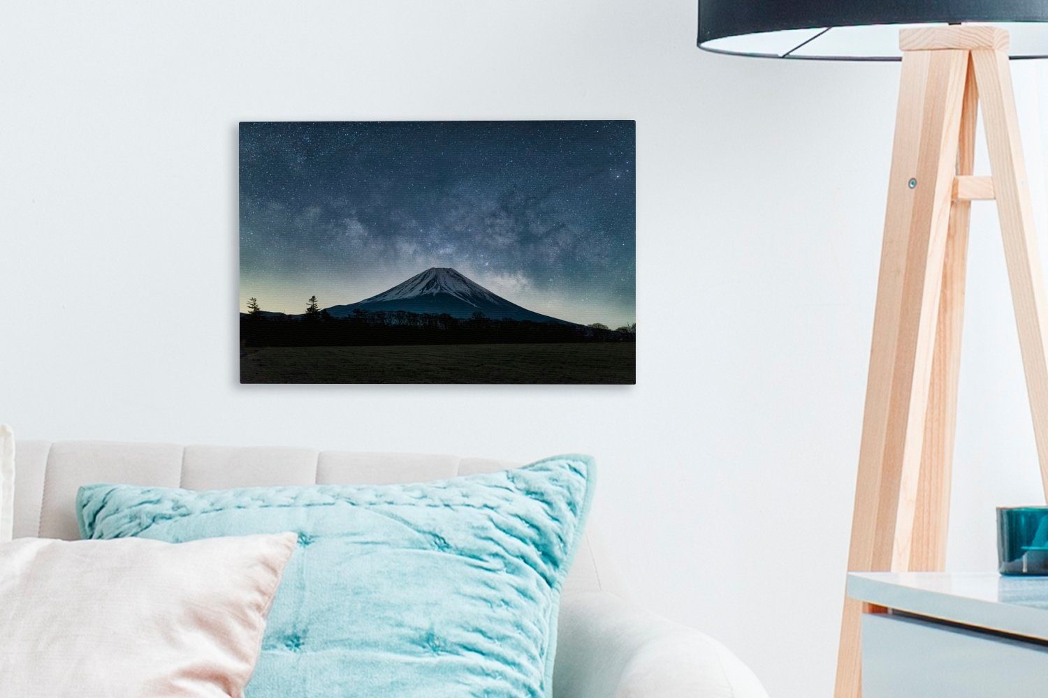 OneMillionCanvasses® Leinwandbild Der (1 Fuji Leinwandbilder, Wandbild japanische St), Nacht, cm bei Vulkan Wanddeko, 30x20 Aufhängefertig
