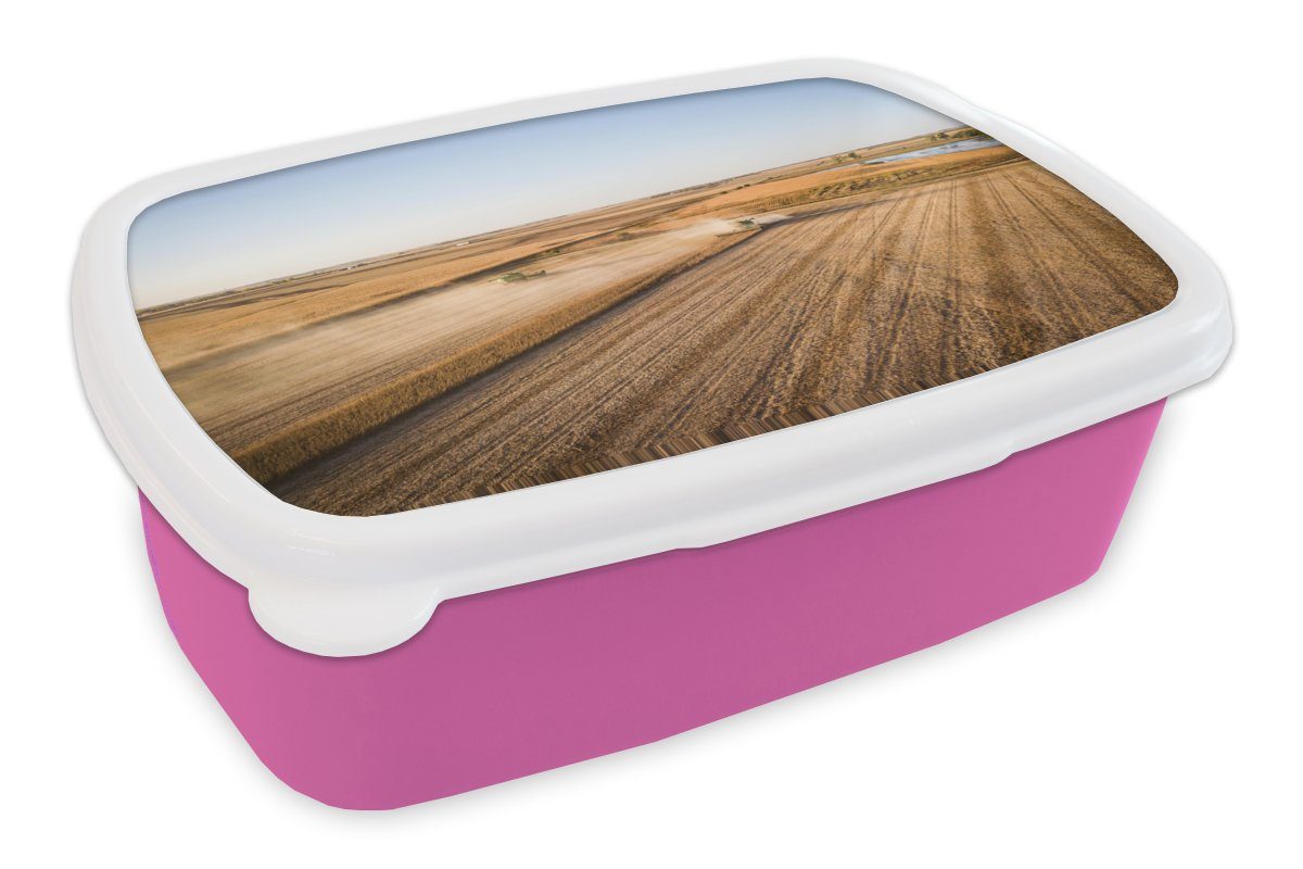 MuchoWow Lunchbox Feld - Bauernhof - Traktor - Landwirt - Landleben, Kunststoff, (2-tlg), Brotbox für Erwachsene, Brotdose Kinder, Snackbox, Mädchen, Kunststoff rosa