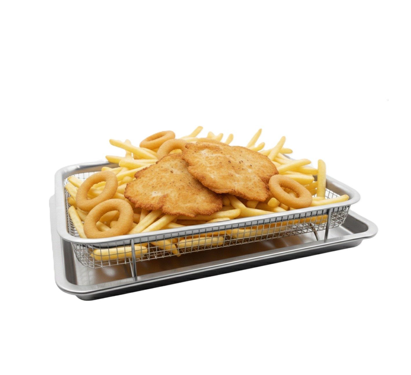 Cheffinger Backblech 32,5 × 24,5 × 8 cm, Edelstahl, (2-St), 2-in-1 Backblech & Frittierkorb aus hochwertigem Edelstahl