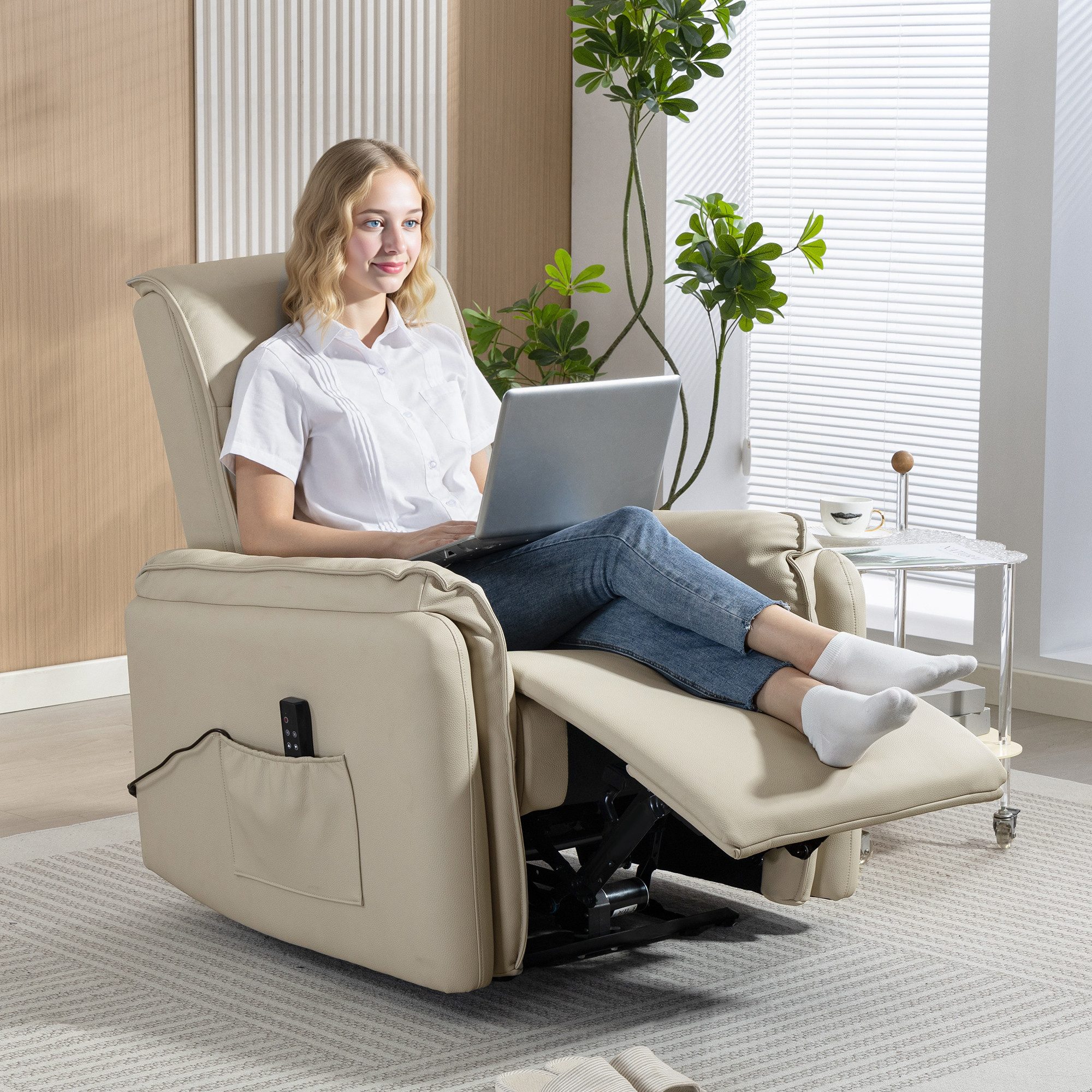 HOMCOM Massagesessel Kunstlederbezug, mit Fußstütze, Seitentasche (Elektrisch Relaxsessel, 1-St., Fernsehsessel), für Wohnzimmer, Beige