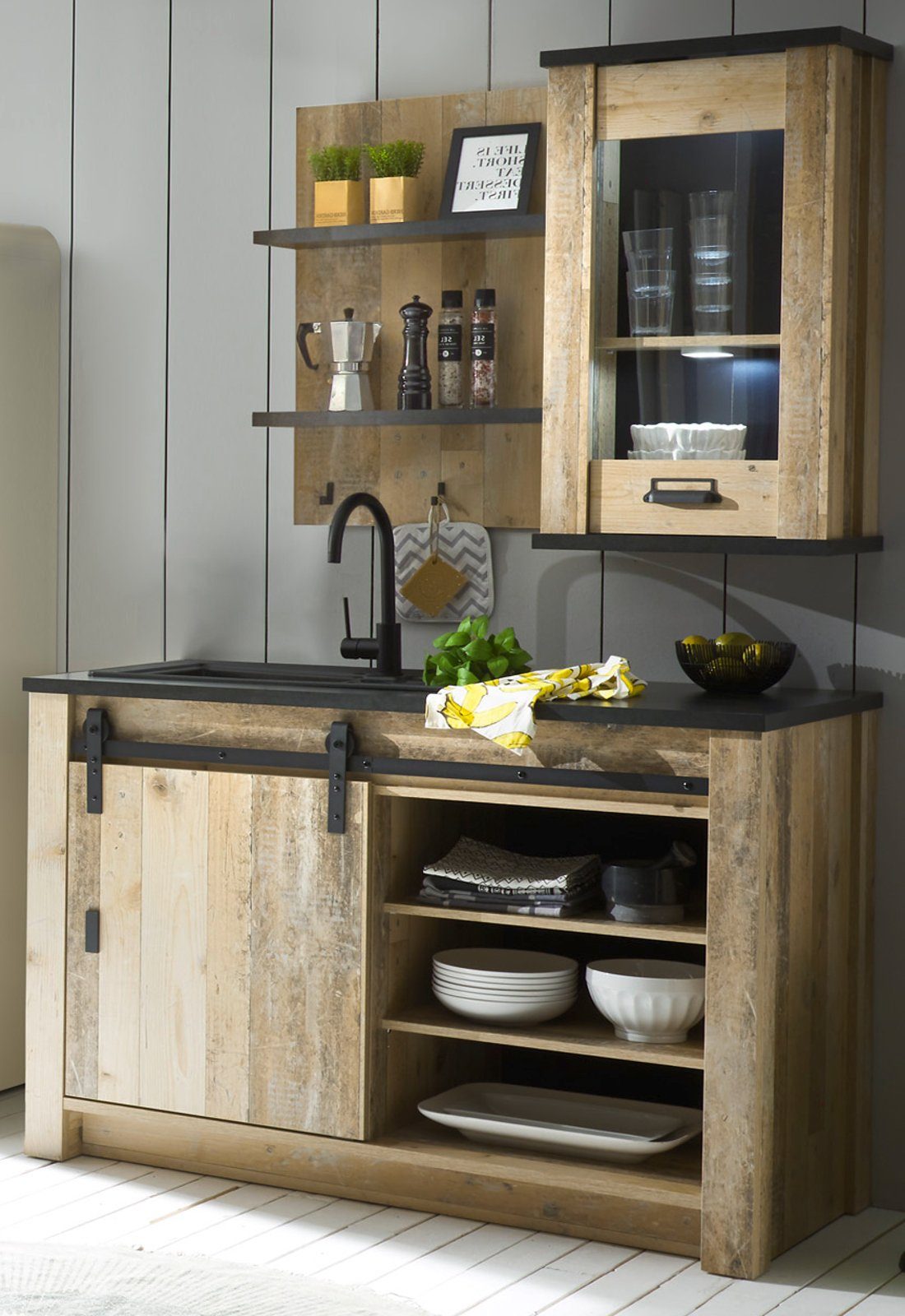 Furn.Design Küchenbuffet Stove (Küche in Used Wood und Anthrazit, 5-St., Set 5-teilig) inklusive Küchentheke, Soft-Close