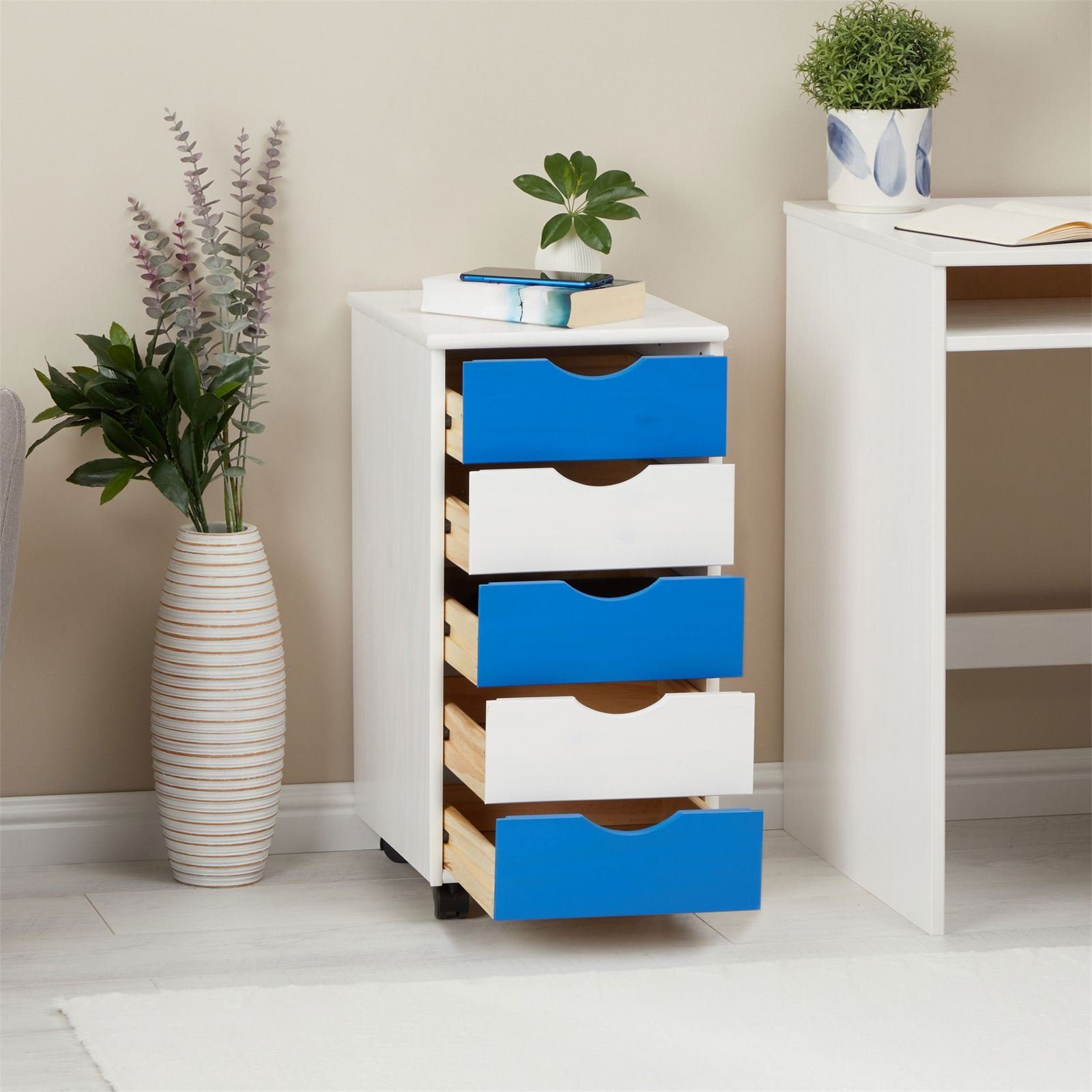 Schubladen Kiefer IDIMEX LAGOS, Container Rollwagen Rollcontainer weiß/blau Rollcontainer 5 Bürocontainer we