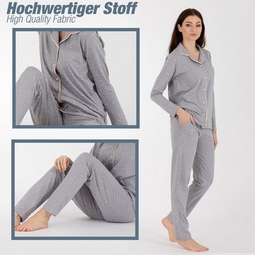 LOREZA Schlafanzug Schlafanzug Pyjama langarm- Sterne - Grau (Set, 2 tlg)