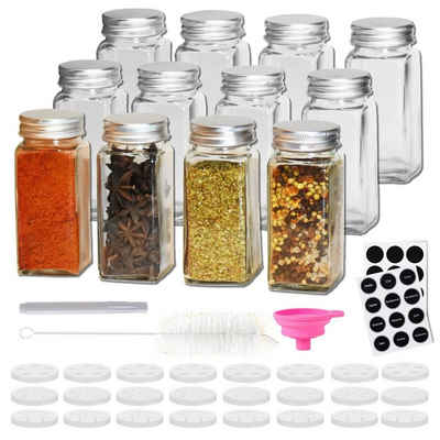 Montegoni Salzstreuer 12 Stk. 120 ml Gewürzgläser Set eckig mit Streueinsatz, (Aus schönem Glas mit Deckel, 16-tlg), 5 in 1 Set mit Gewürzetiketten, Trichter, Bürste & Kreidestift