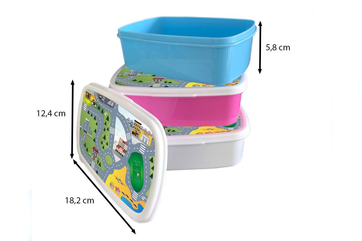 Brotbox Lunchbox - Kinder - Mädchen, Kunststoff rosa Dorf - Kunststoff, Straßen, für (2-tlg), MuchoWow Erwachsene, Auto Snackbox, Brotdose Kinder,