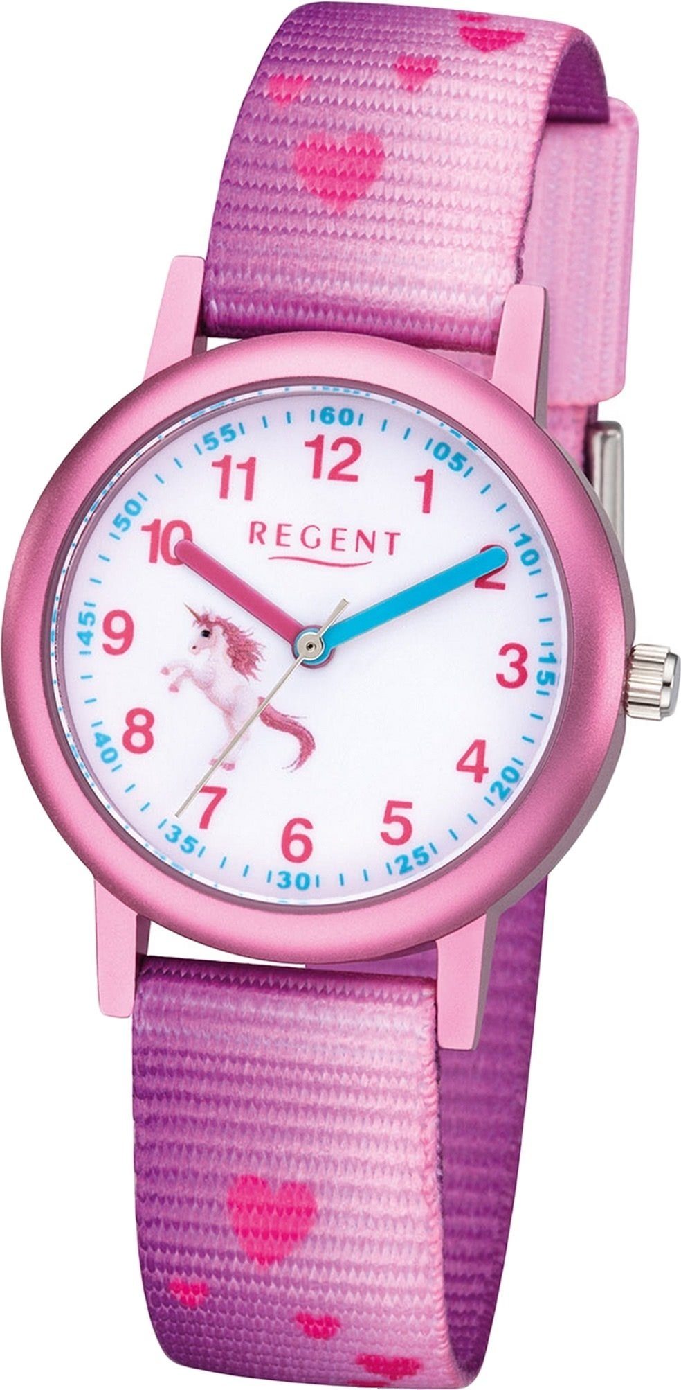 Regent 29mm) Uhr Gehäuse, (ca. klein Quarzuhr Textilarmband Regent Textil rosa, rundes Kinder Analog, F-1207 Kinderuhr