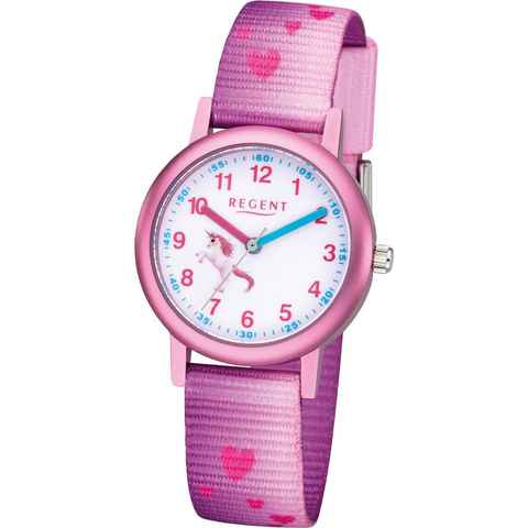 Regent Quarzuhr Regent Textil Kinder Uhr F-1207 Analog, (Analoguhr), Kinderuhr Textilarmband rosa, rundes Gehäuse, klein (ca. 29mm)