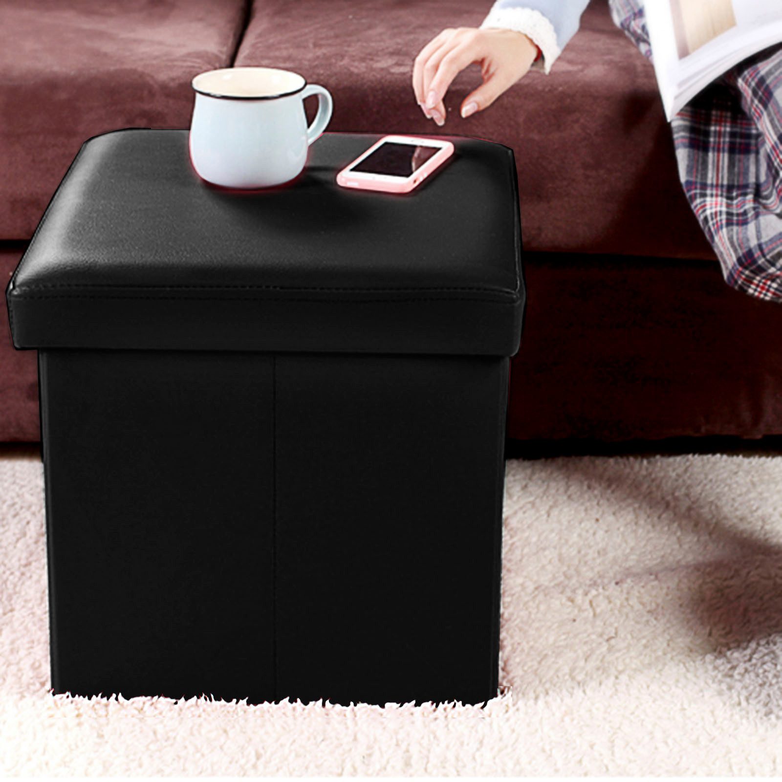 style home Sitzhocker mit Stauraum faltbare Sitzwürfel (Sitztruhe aus Kunstleder, 38 x 38 x 38 cm Schwarz), gepolstert Sitzbank Fußhocker für Wohnzimmer Schlafz – Bild 2 von 5