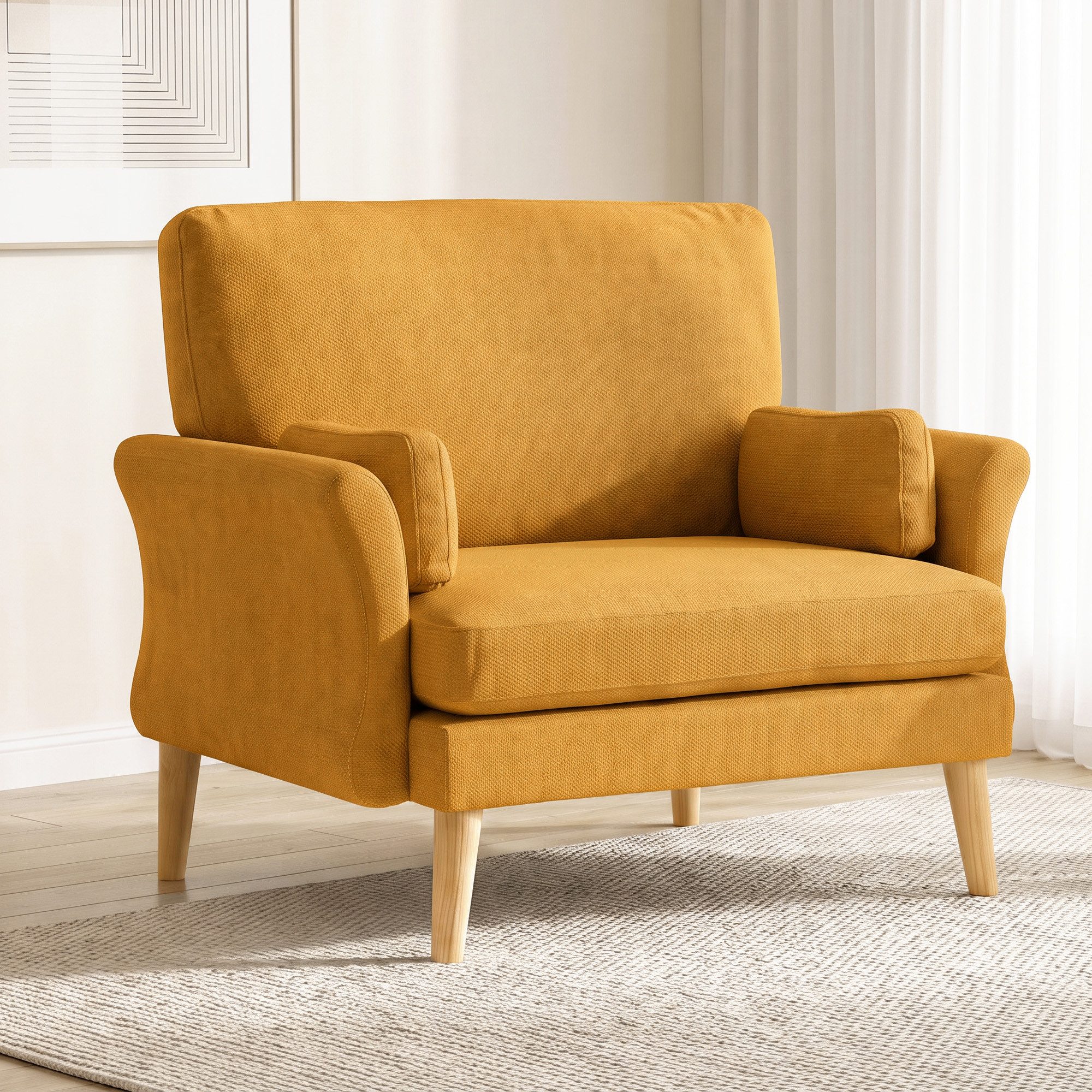 HOMCOM Sessel Loungesessel mit Armlehnen, Polstersessel mit Kissen, Gelb (Einzelsofa, 1-St., Relaxsessel), Extra breiter Sitz, samtweicher Bezug