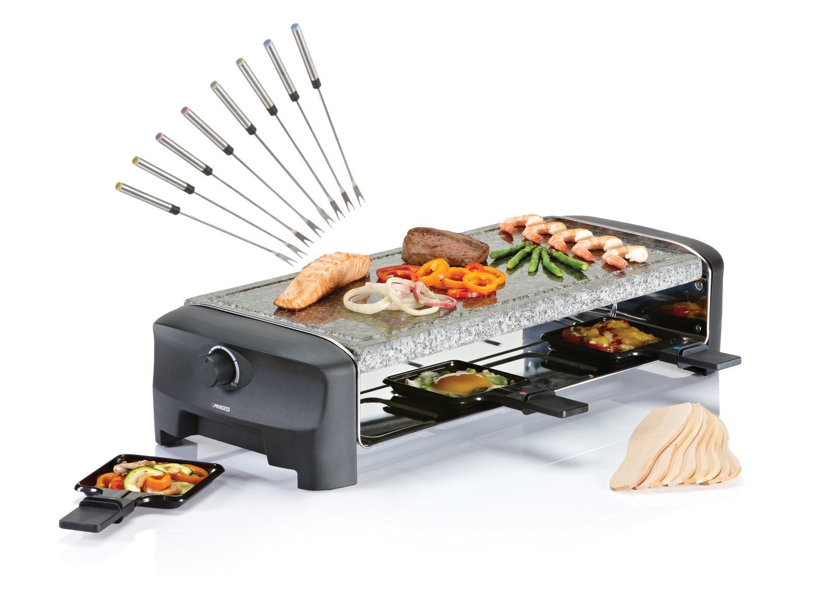 PRINCESS Raclette, 8 Raclettepfännchen, 1300 W, Stonegrillparty großer Tischgrill 8 Personen Gerät heißer Stein-Platte