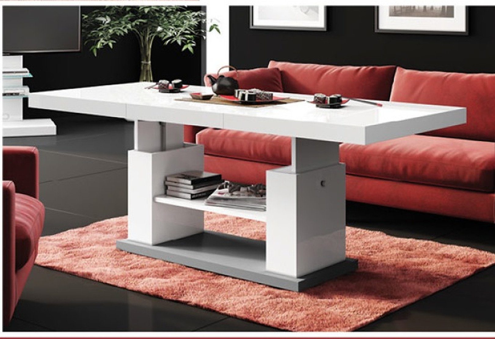 designimpex Couchtisch Design Couchtisch HN-777 Weiß - Grau Hochglanz  höhenverstellbar ausziehbar Tisch Esstisch